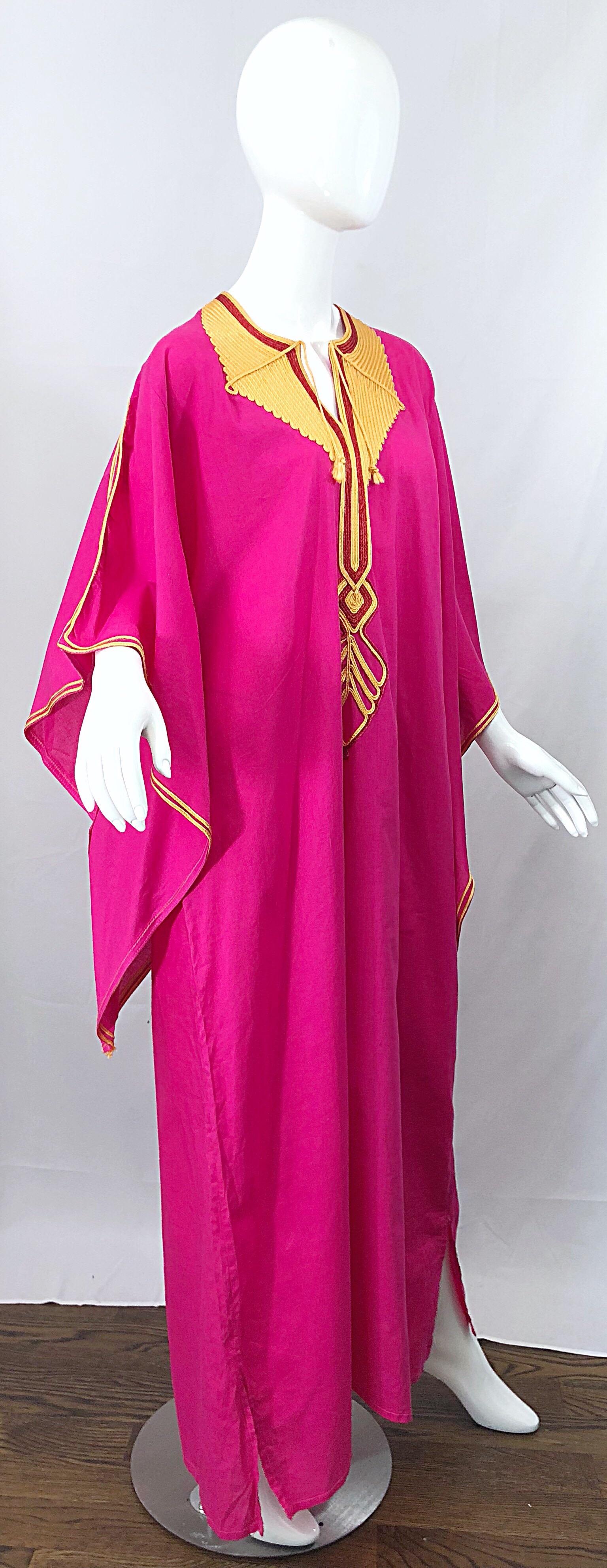 Women's Amazing 1970s Hot Pink + Yellow Angel Sleeve Vintage 70s Kaftan Maxi Dress