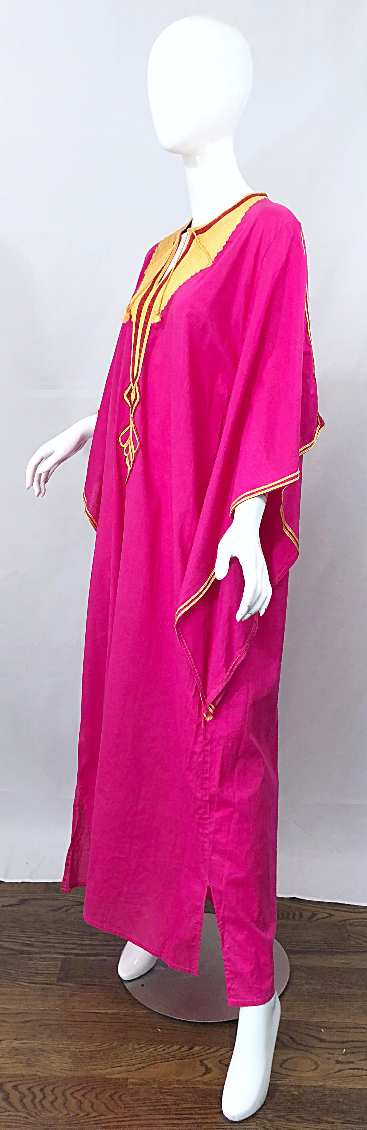 Amazing 1970s Hot Pink + Yellow Angel Sleeve Vintage 70s Kaftan Maxi Dress 1