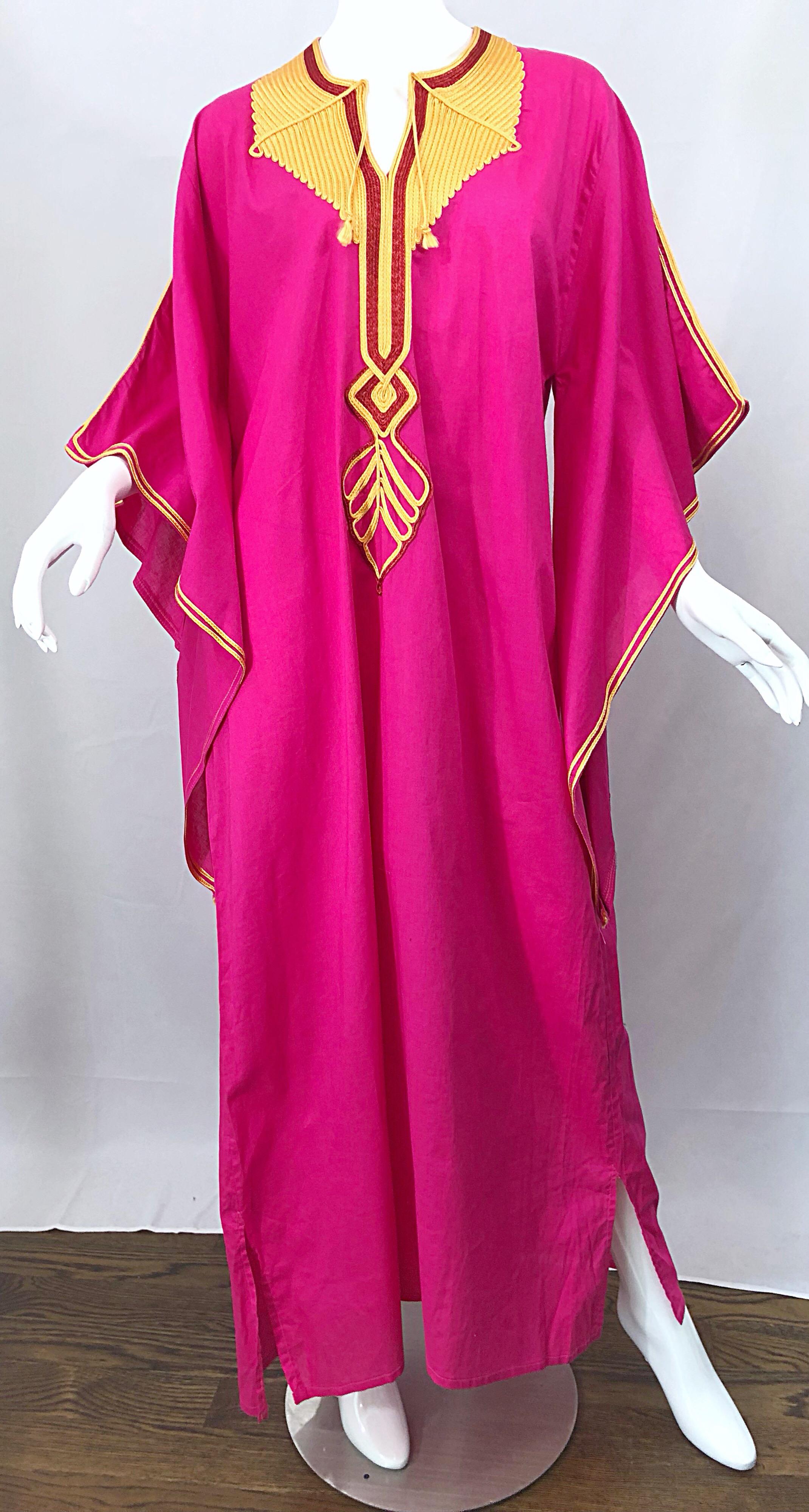 Amazing 1970s Hot Pink + Yellow Angel Sleeve Vintage 70s Kaftan Maxi Dress 2