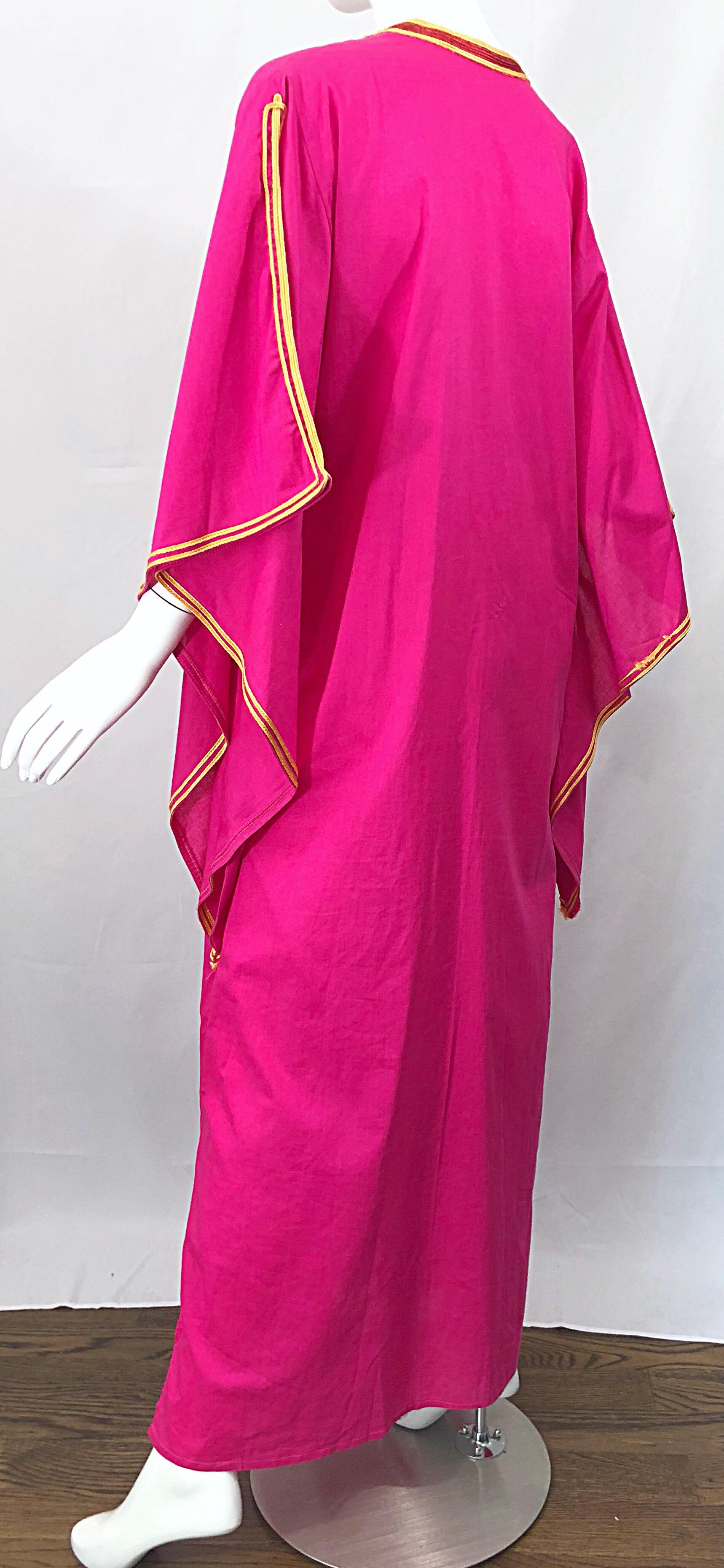 Amazing 1970s Hot Pink + Yellow Angel Sleeve Vintage 70s Kaftan Maxi Dress 3
