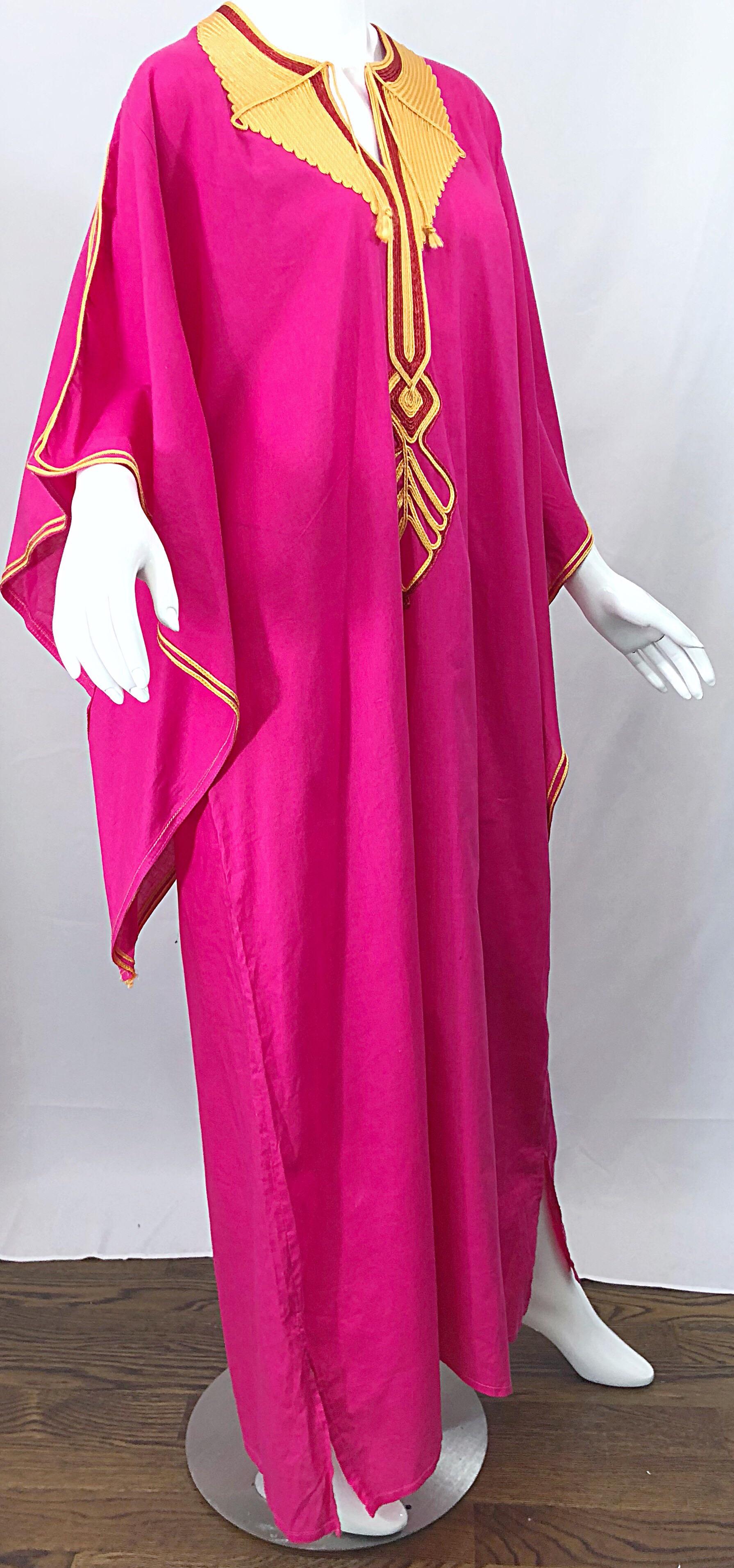 Amazing 1970s Hot Pink + Yellow Angel Sleeve Vintage 70s Kaftan Maxi Dress 4