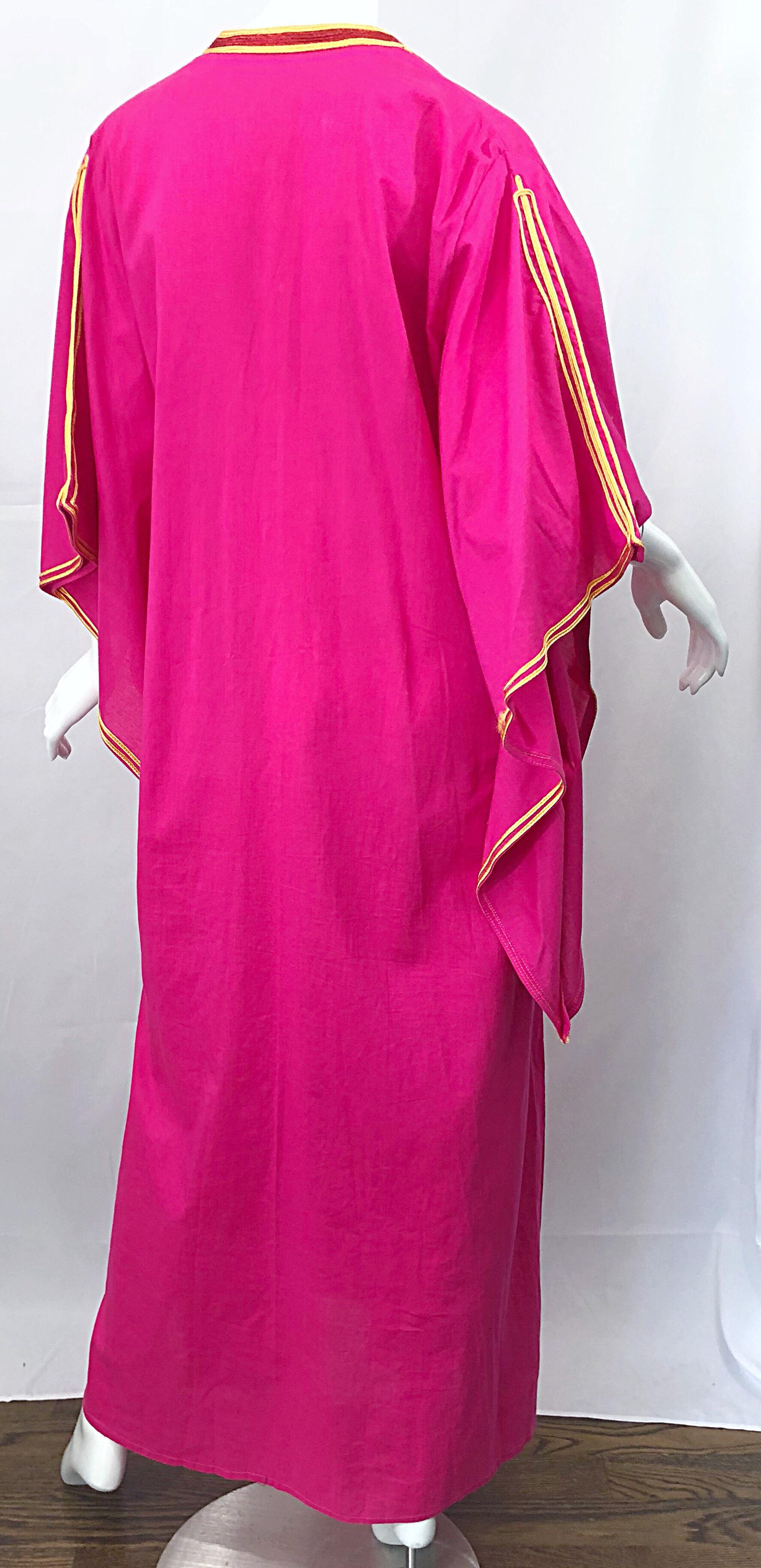 Amazing 1970s Hot Pink + Yellow Angel Sleeve Vintage 70s Kaftan Maxi Dress 5