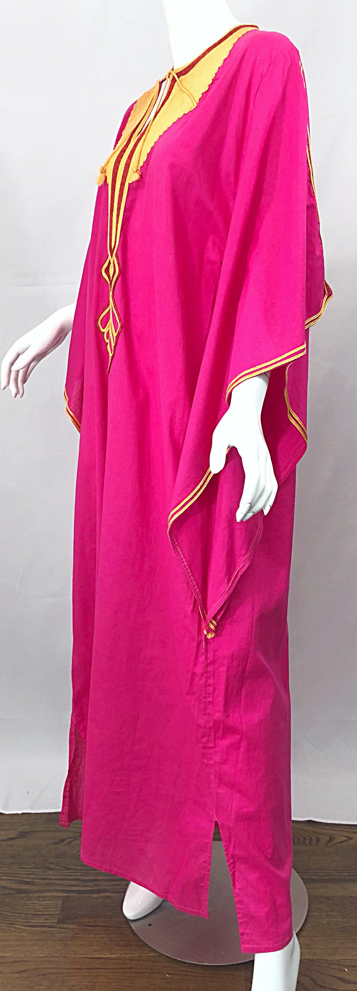 Amazing 1970s Hot Pink + Yellow Angel Sleeve Vintage 70s Kaftan Maxi Dress 6