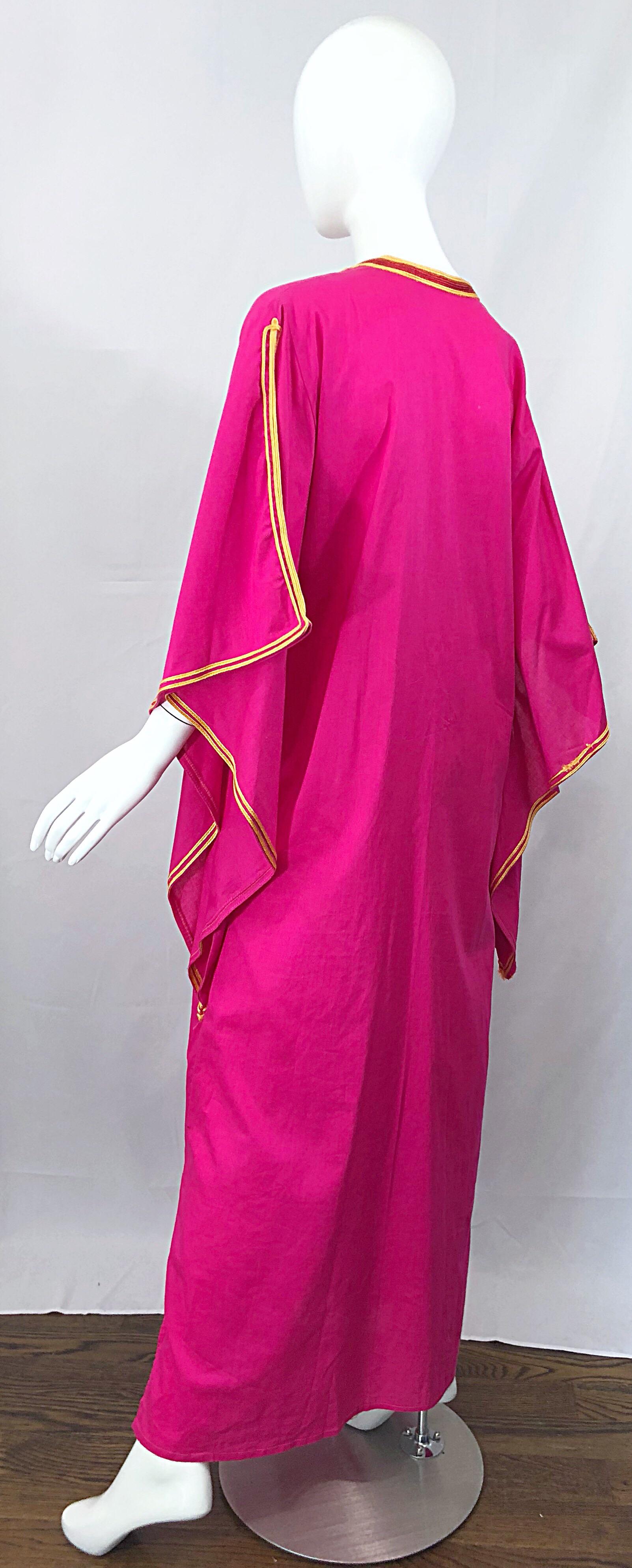 Amazing 1970s Hot Pink + Yellow Angel Sleeve Vintage 70s Kaftan Maxi Dress 7