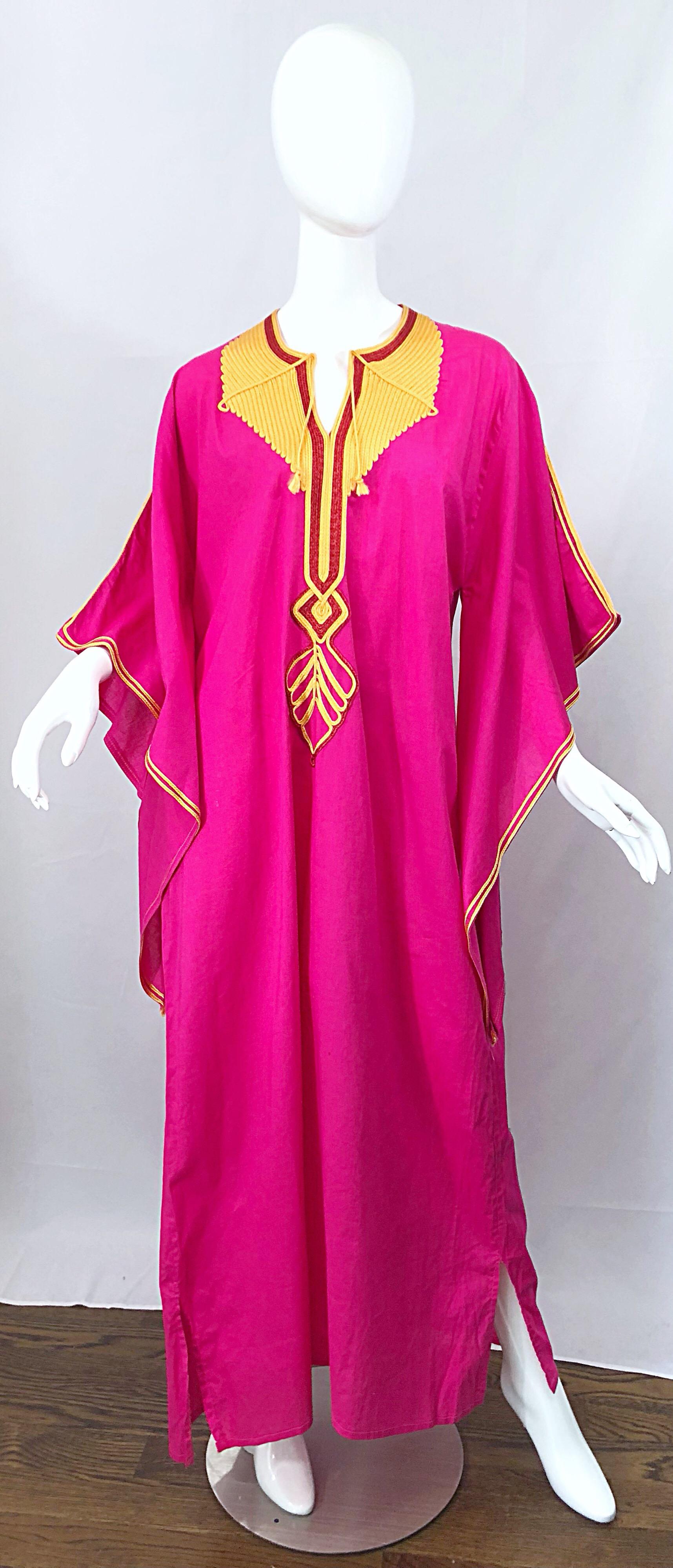 Amazing 1970s Hot Pink + Yellow Angel Sleeve Vintage 70s Kaftan Maxi Dress 8