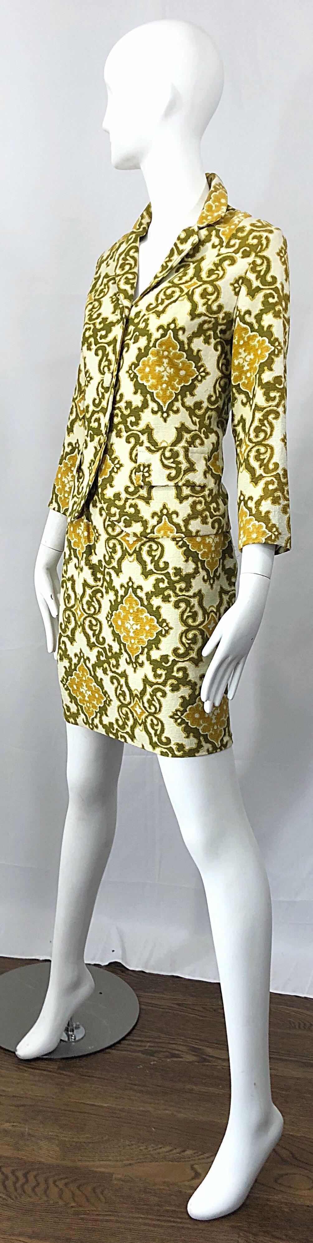 Brown Chic 1960s Joseph Magnin Baroque Print Chartreuse Silk + Cotton 60s Skirt Suit For Sale