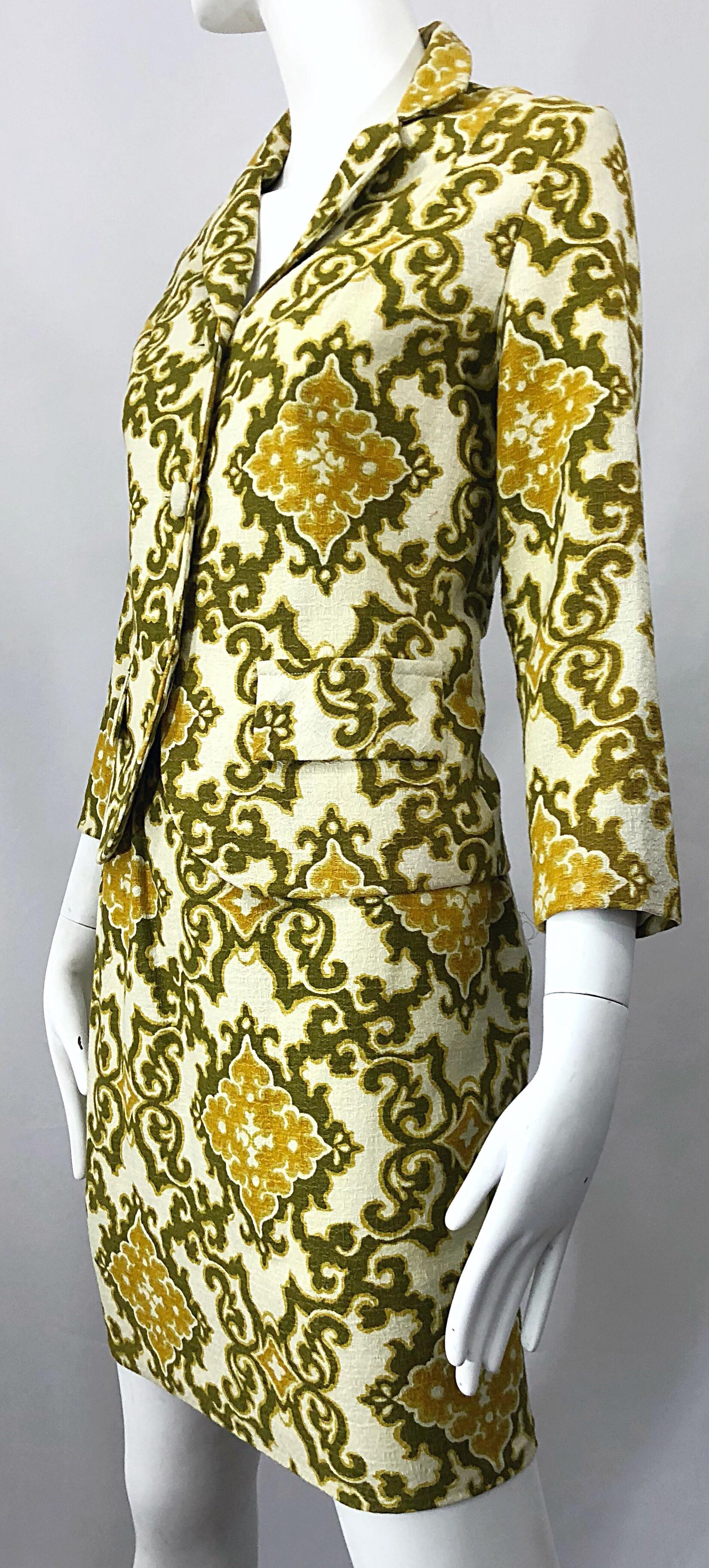 Chic 1960s Joseph Magnin Baroque Print Chartreuse Silk + Cotton 60s Skirt Suit For Sale 1