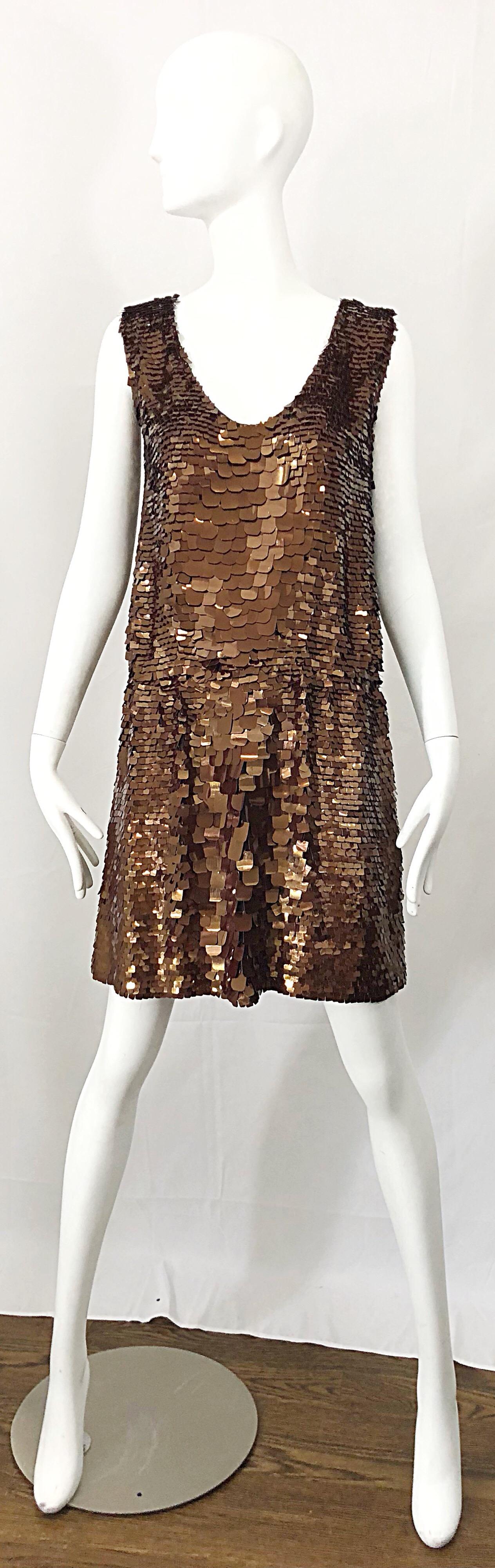 Amazing 90s does 20s ISAAC MIZRAHI chocolate brown sequined paillette encrusted silk Gatsby style flapper dress! Features thousands of hand-sewn brown paillettes in a variety of shapes and sizes. Elastic waistband stretches to fit. The perfect