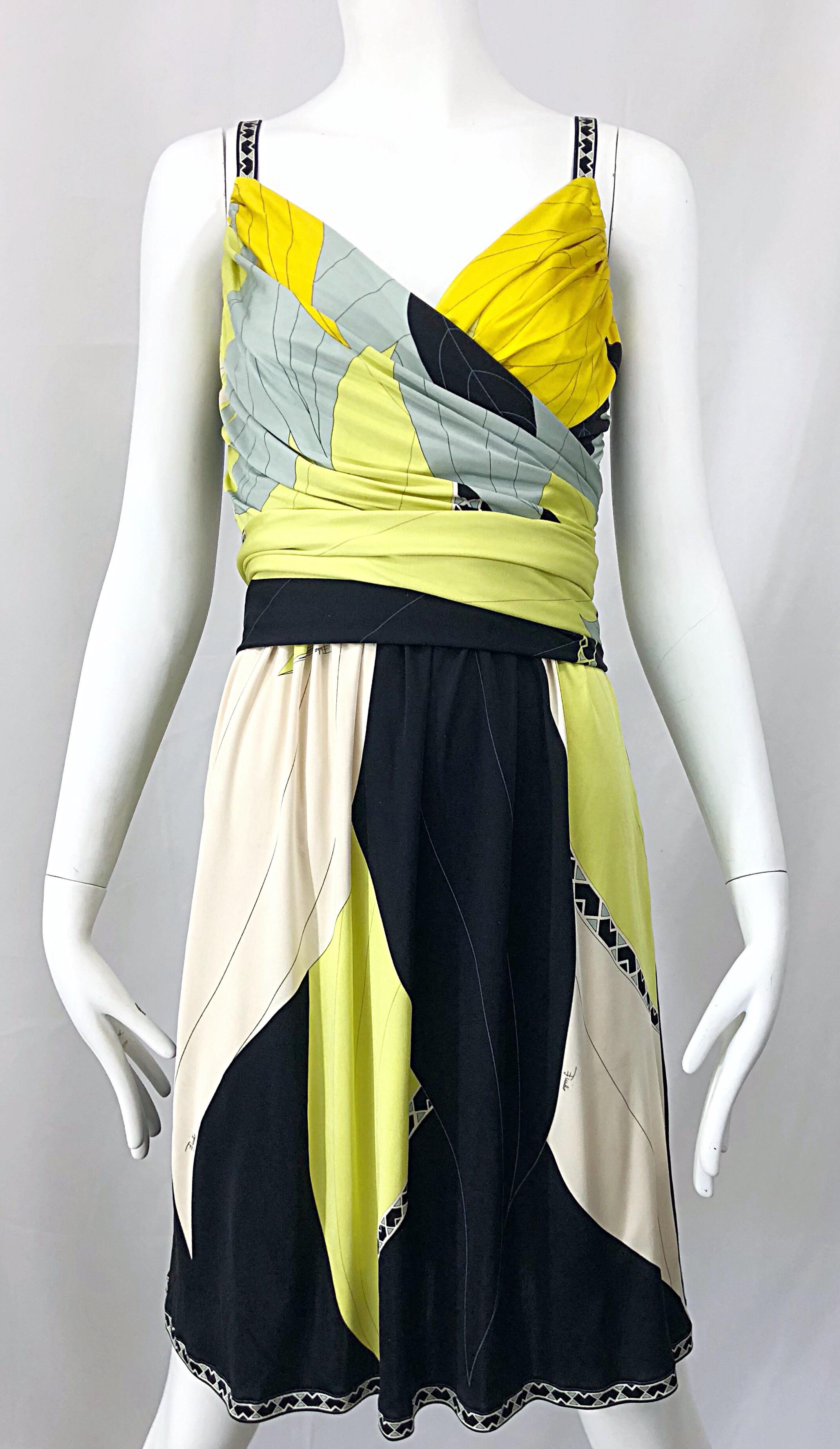 White Emilio Pucci 1990s Size 6 Chartreuse Black Ivory Kaleidoscope Silk Jersey Dress For Sale
