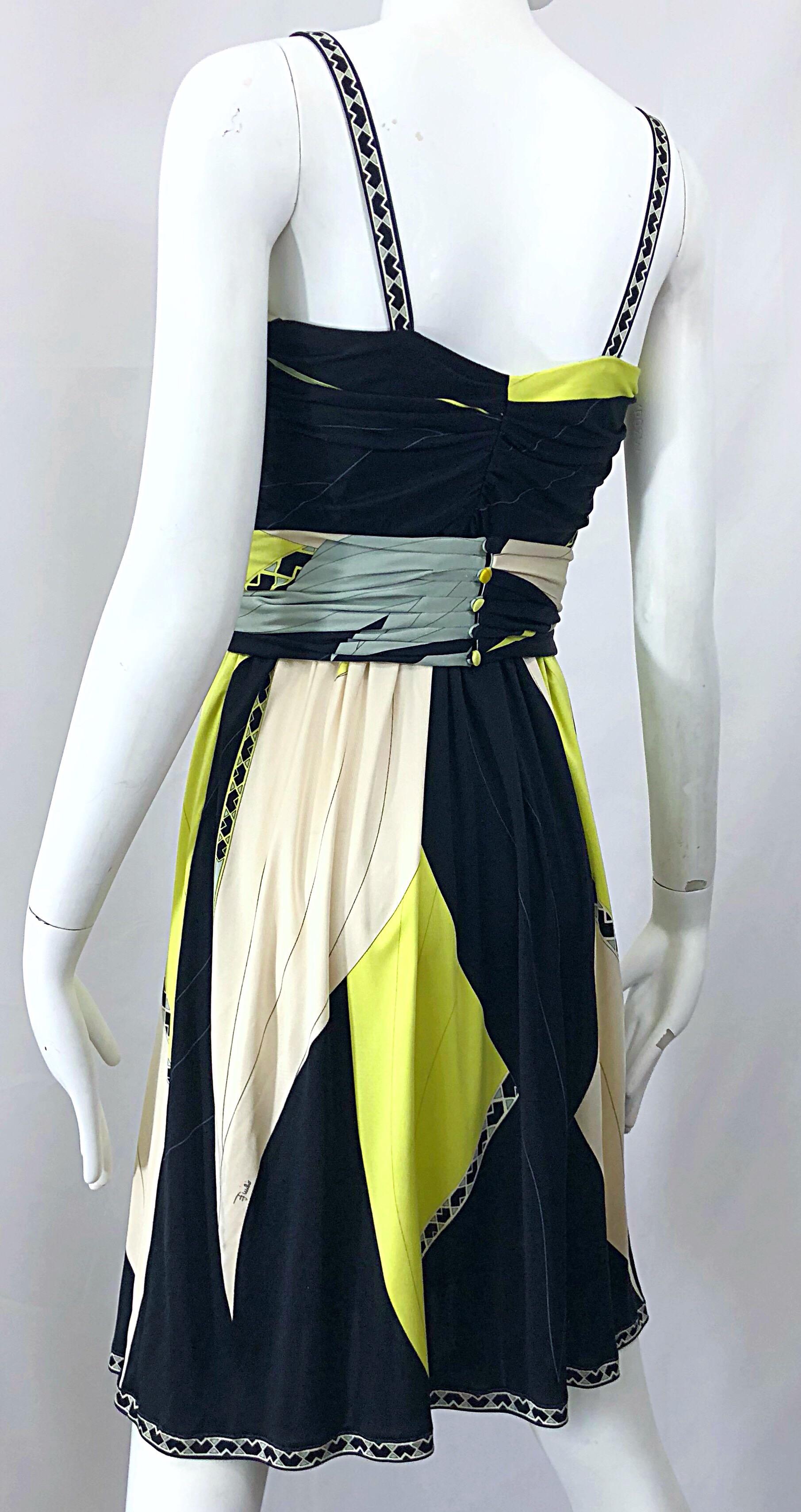 Emilio Pucci 1990s Size 6 Chartreuse Black Ivory Kaleidoscope Silk Jersey Dress For Sale 1