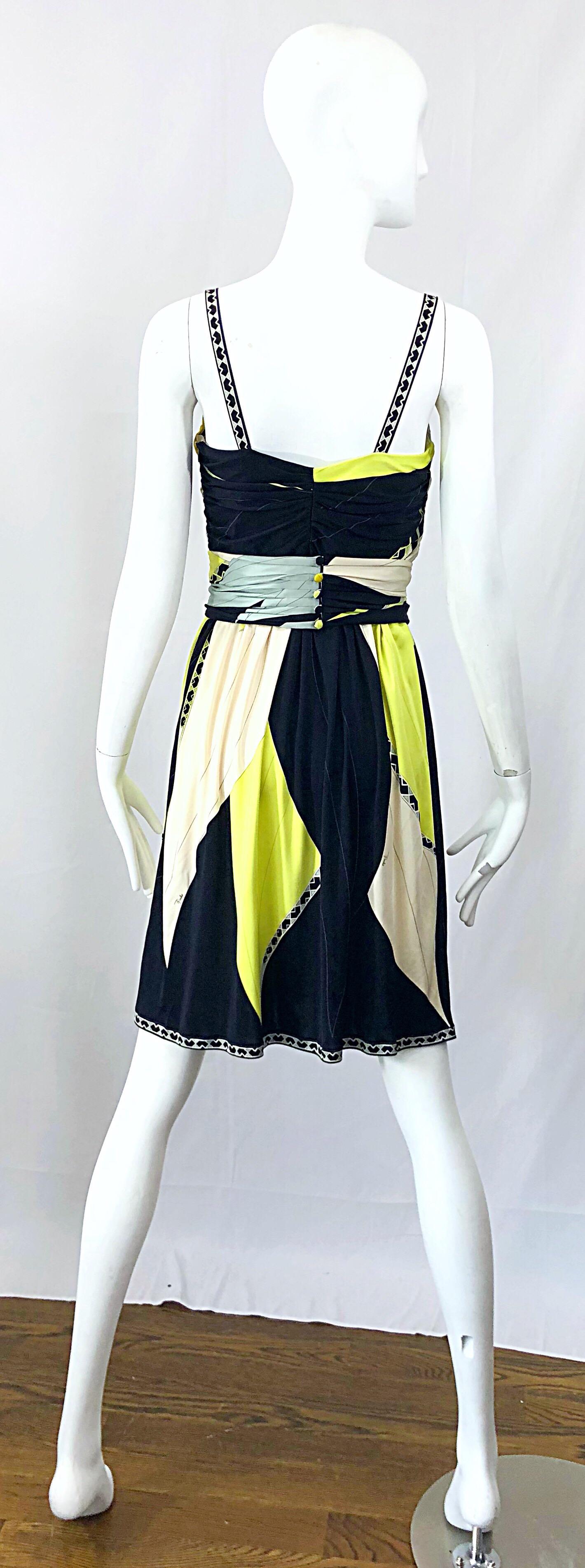 Emilio Pucci 1990s Size 6 Chartreuse Black Ivory Kaleidoscope Silk Jersey Dress For Sale 6