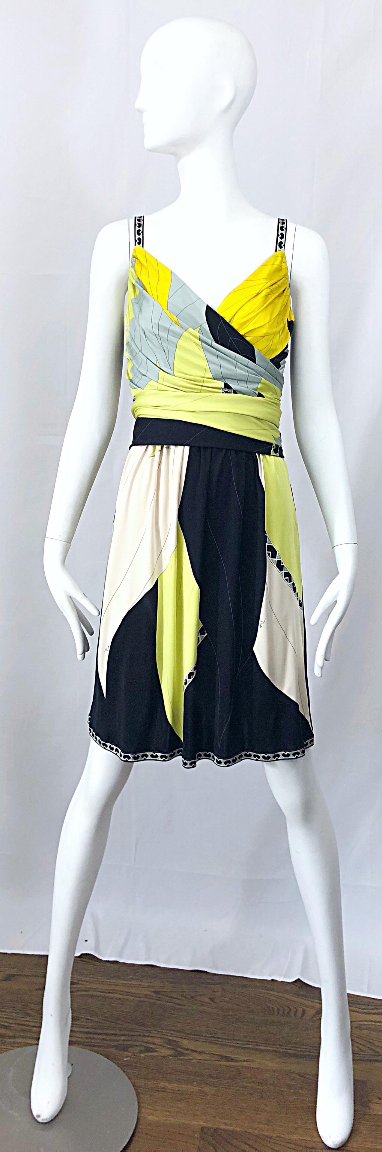 Emilio Pucci 1990s Size 6 Chartreuse Black Ivory Kaleidoscope Silk Jersey Dress 8