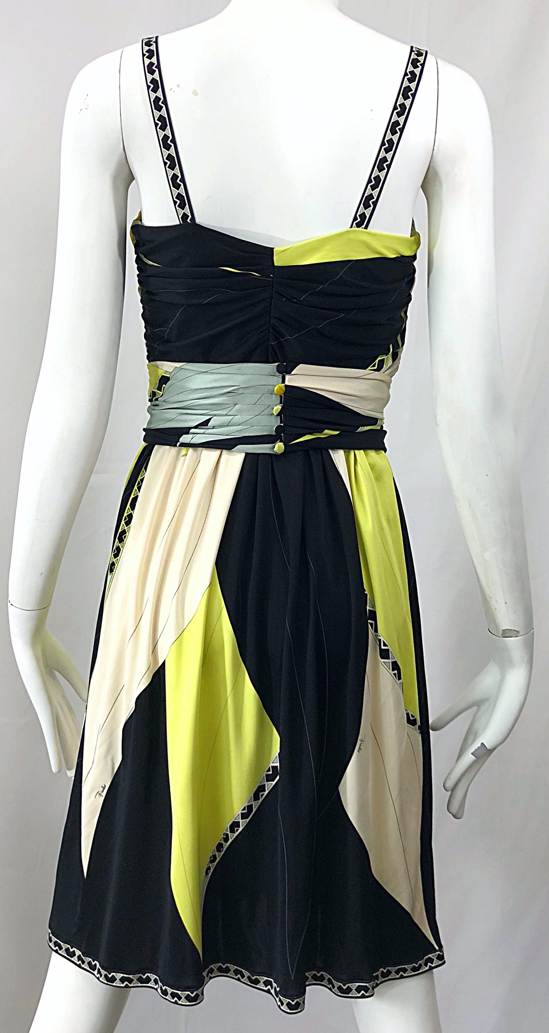 Emilio Pucci 1990s Size 6 Chartreuse Black Ivory Kaleidoscope Silk Jersey Dress For Sale 9