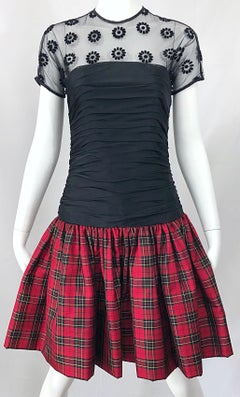 Vintage Geoffrey Beene Size 4 Rare Black + Red Tartan Plaid Silk Cocktail Dress