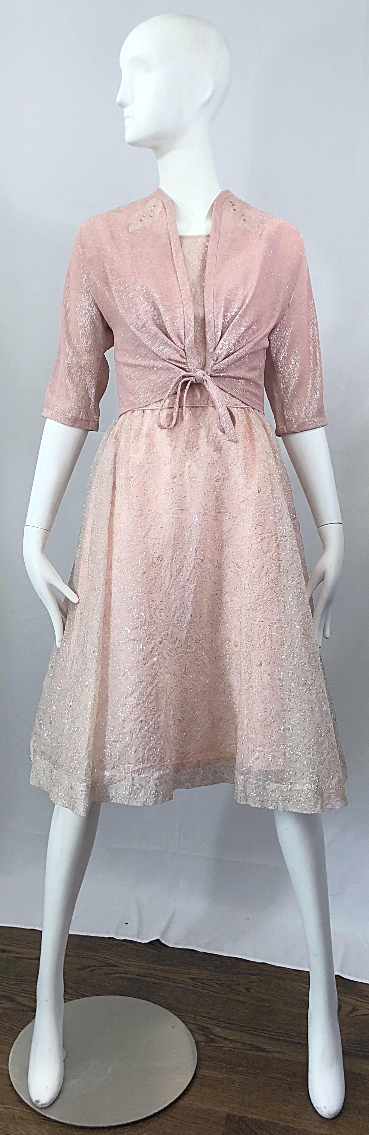 Gray Beautiful 1950s Caryle Light Pink + Silver Fit n' Flare Silk Dress and Bolero For Sale