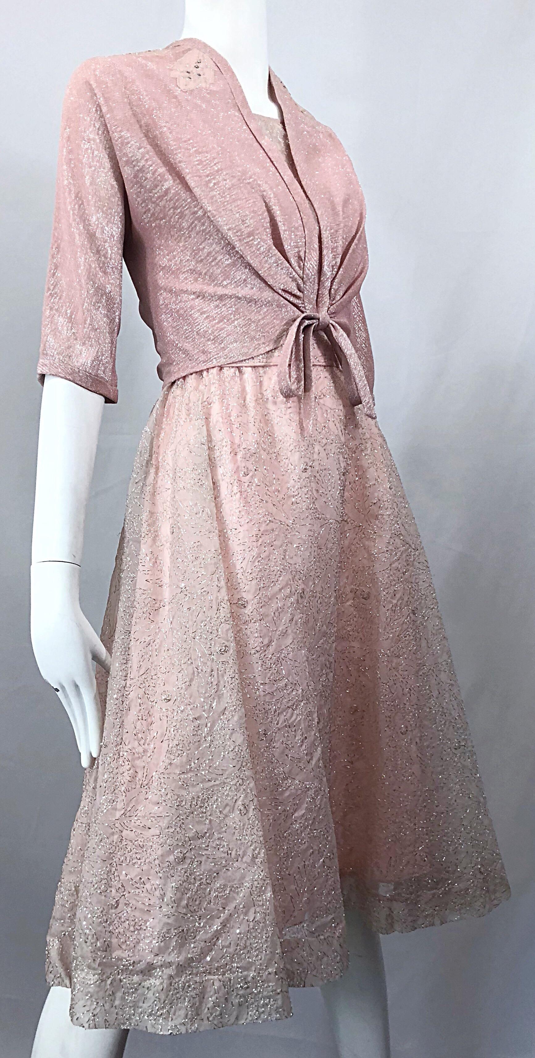 Beautiful 1950s Caryle Light Pink + Silver Fit n' Flare Silk Dress and Bolero For Sale 1