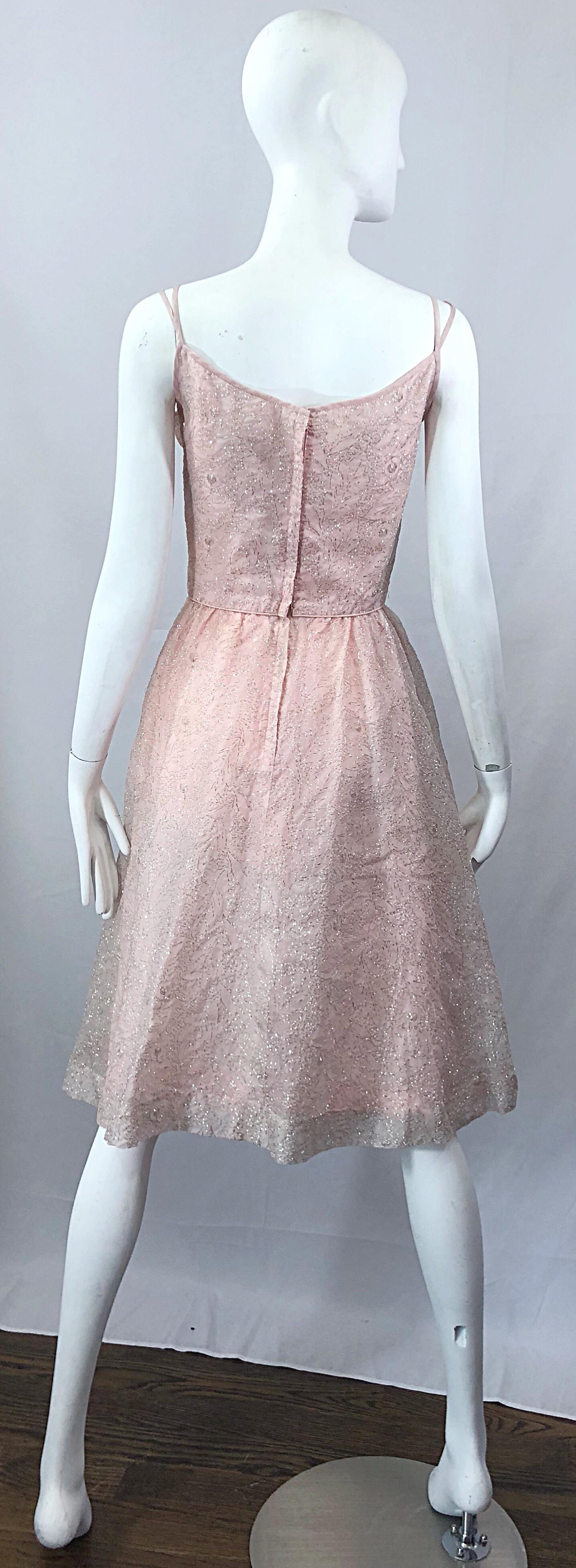 Beautiful 1950s Caryle Light Pink + Silver Fit n' Flare Silk Dress and Bolero For Sale 2