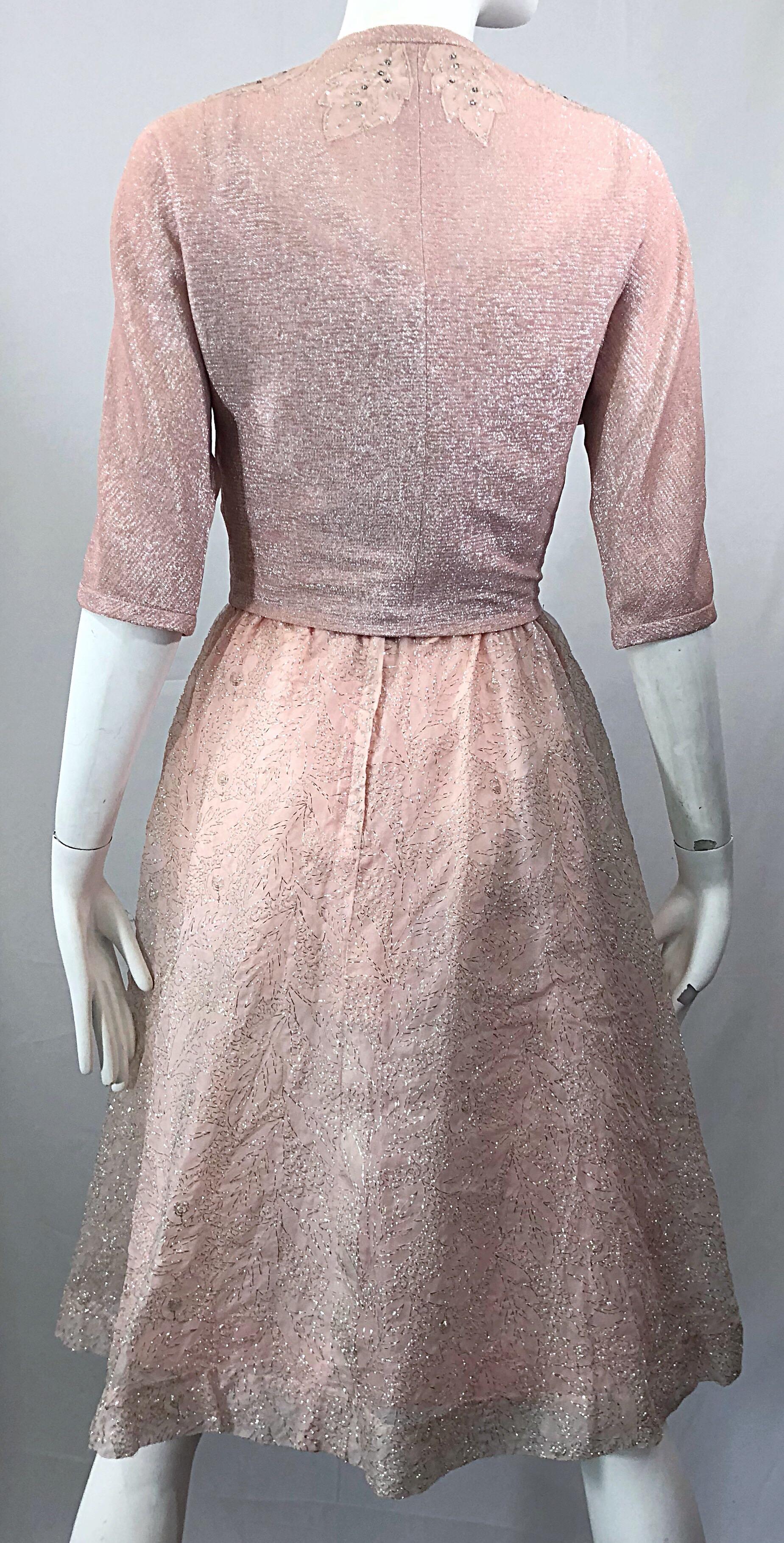 Beautiful 1950s Caryle Light Pink + Silver Fit n' Flare Silk Dress and Bolero For Sale 3