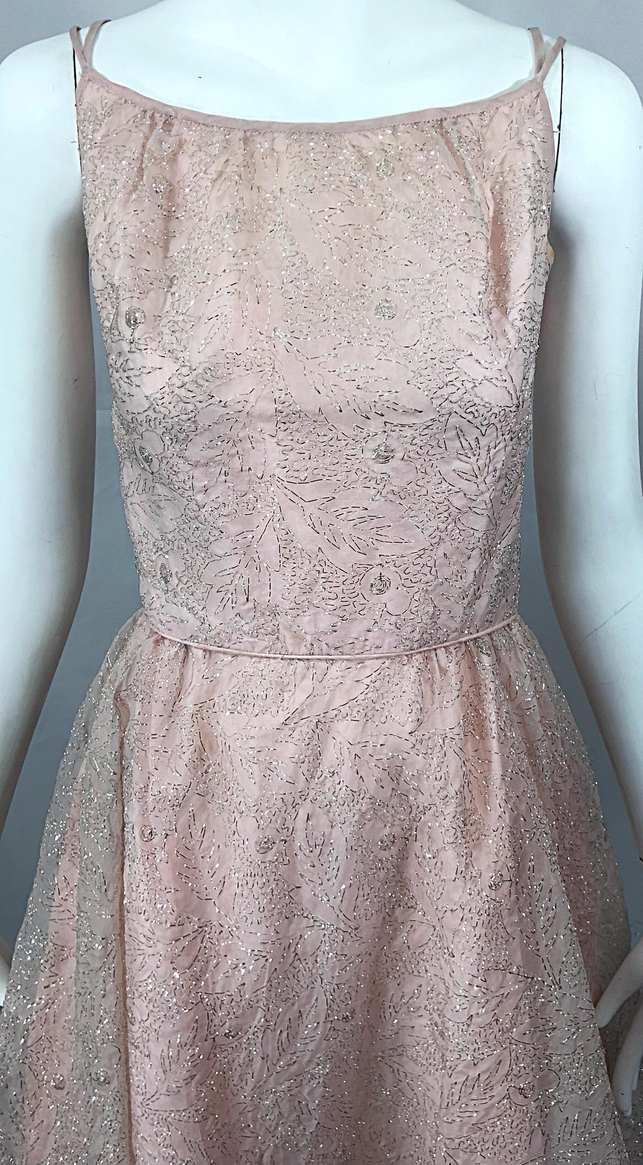 Beautiful 1950s Caryle Light Pink + Silver Fit n' Flare Silk Dress and Bolero For Sale 7
