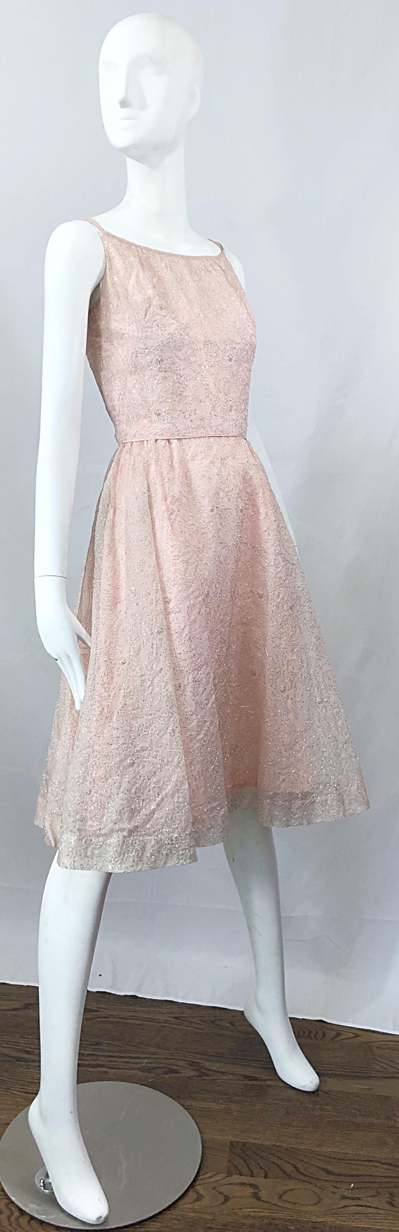 Beautiful 1950s Caryle Light Pink + Silver Fit n' Flare Silk Dress and Bolero For Sale 8