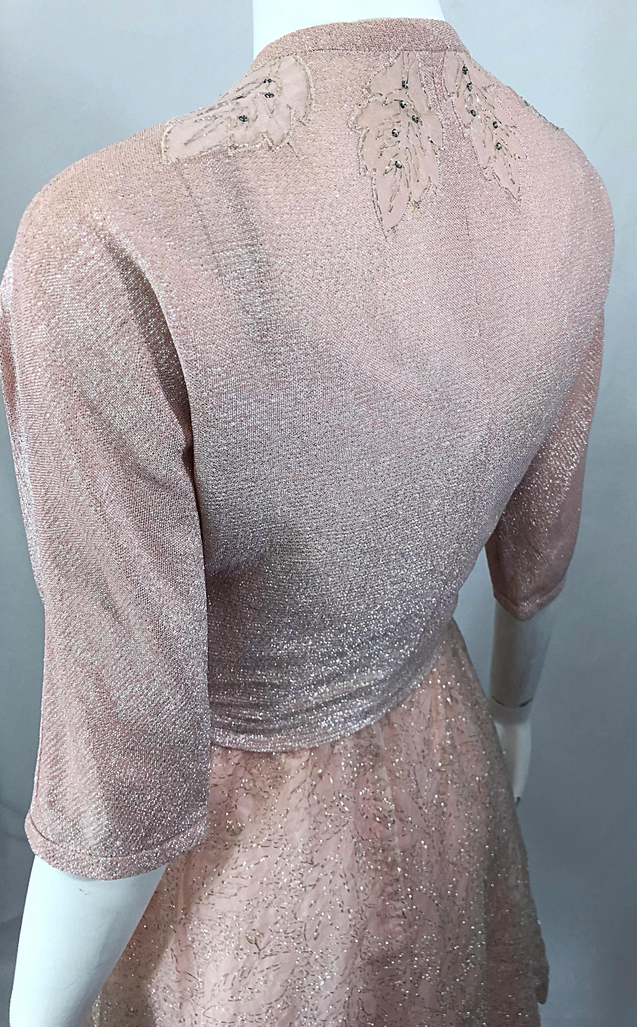 Beautiful 1950s Caryle Light Pink + Silver Fit n' Flare Silk Dress and Bolero For Sale 9