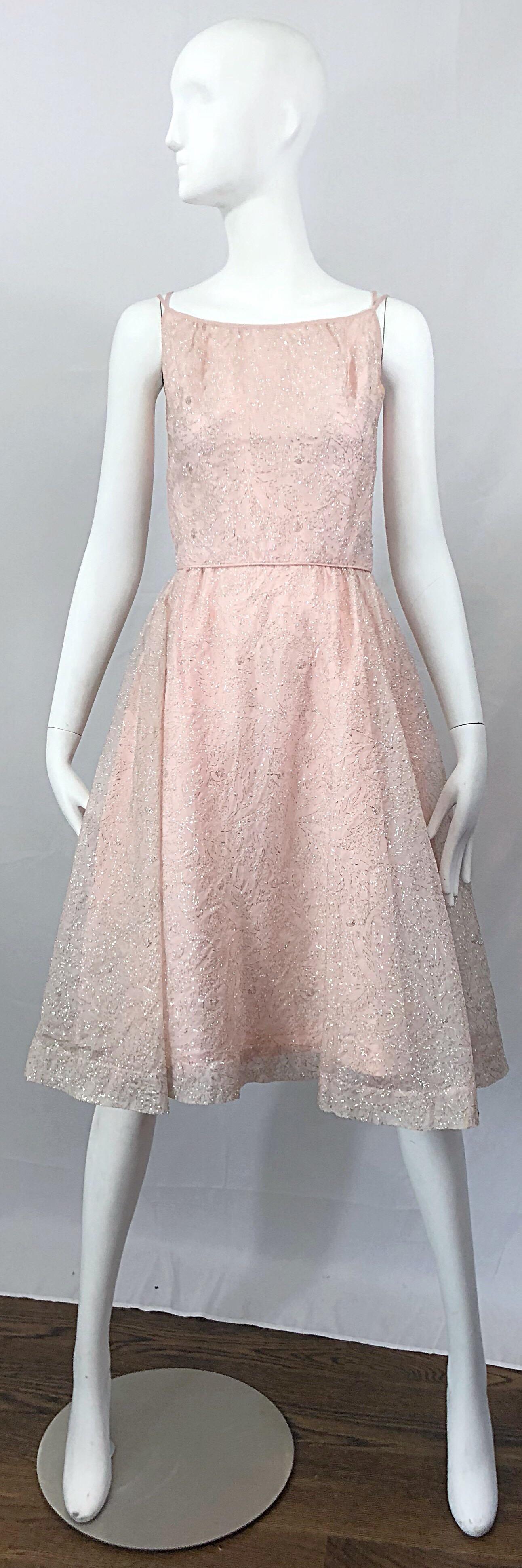 Beautiful 1950s Caryle Light Pink + Silver Fit n' Flare Silk Dress and Bolero For Sale 10