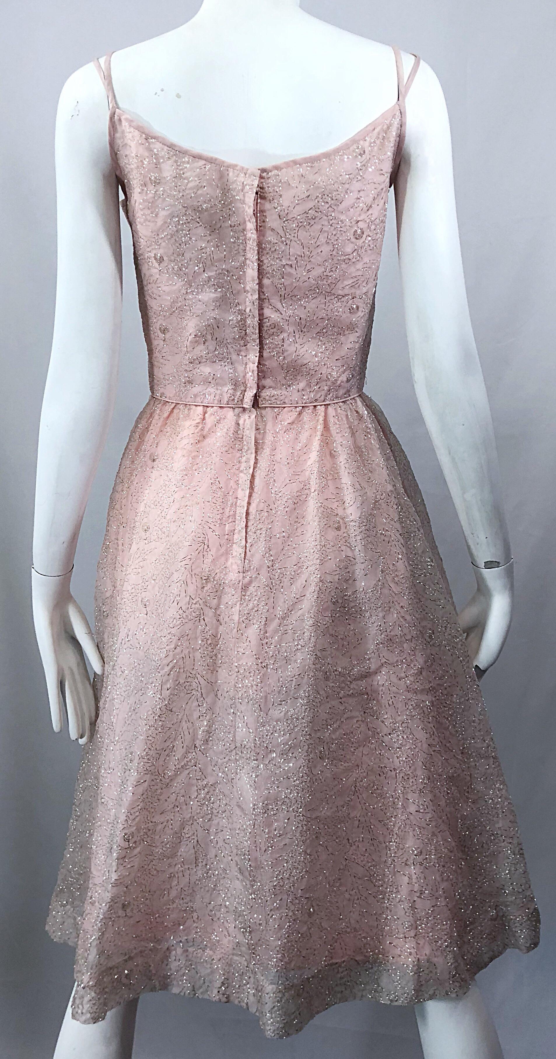 Beautiful 1950s Caryle Light Pink + Silver Fit n' Flare Silk Dress and Bolero For Sale 11