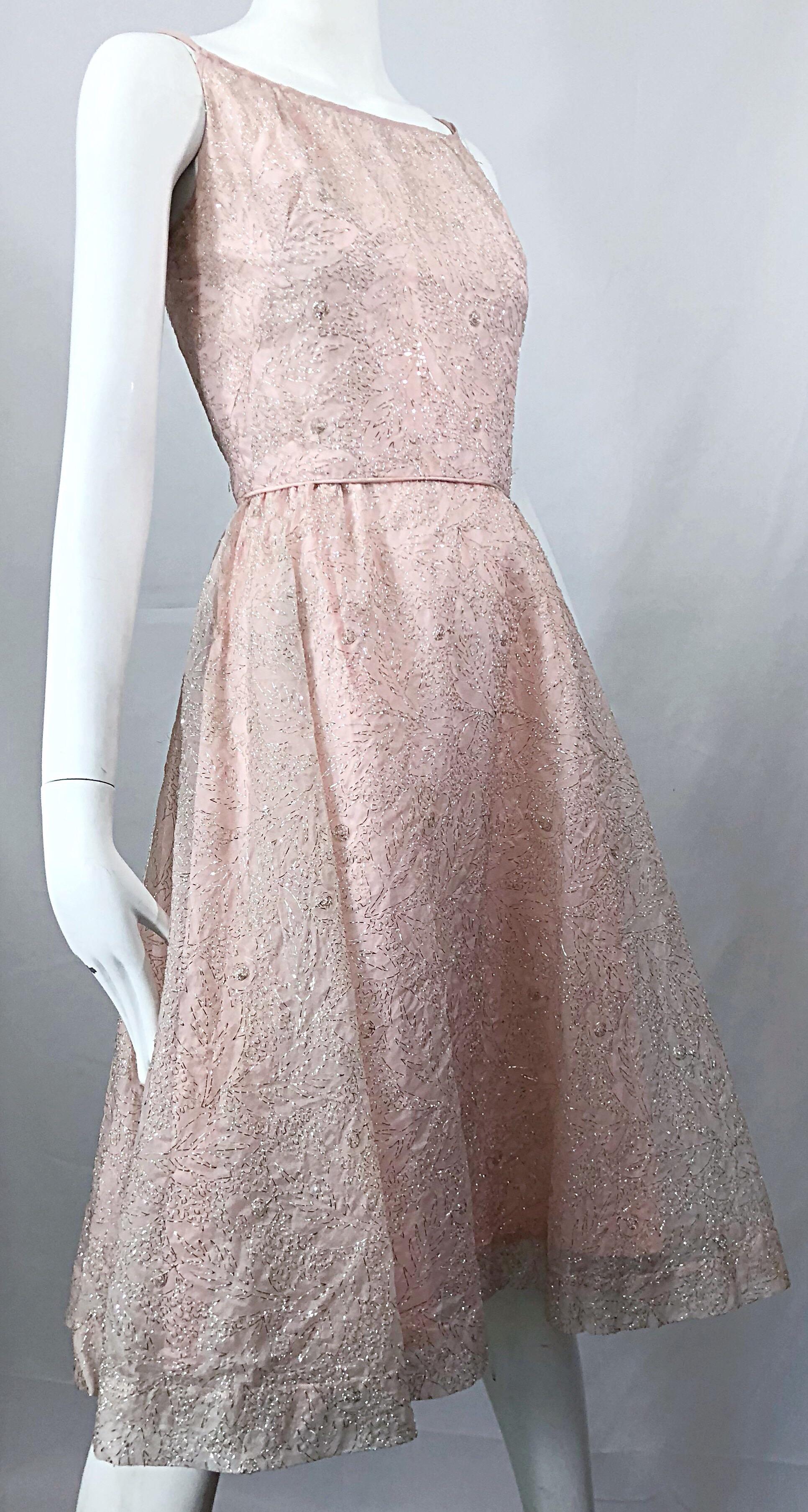Beautiful 1950s Caryle Light Pink + Silver Fit n' Flare Silk Dress and Bolero For Sale 12