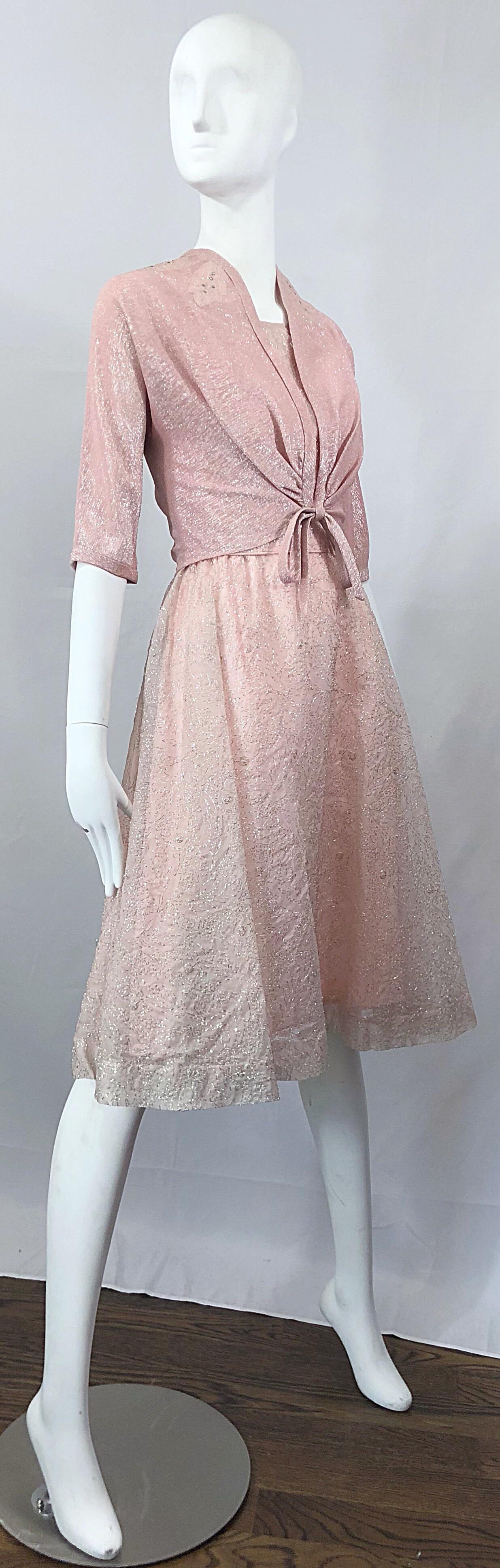 Beautiful 1950s Caryle Light Pink + Silver Fit n' Flare Silk Dress and Bolero For Sale 13