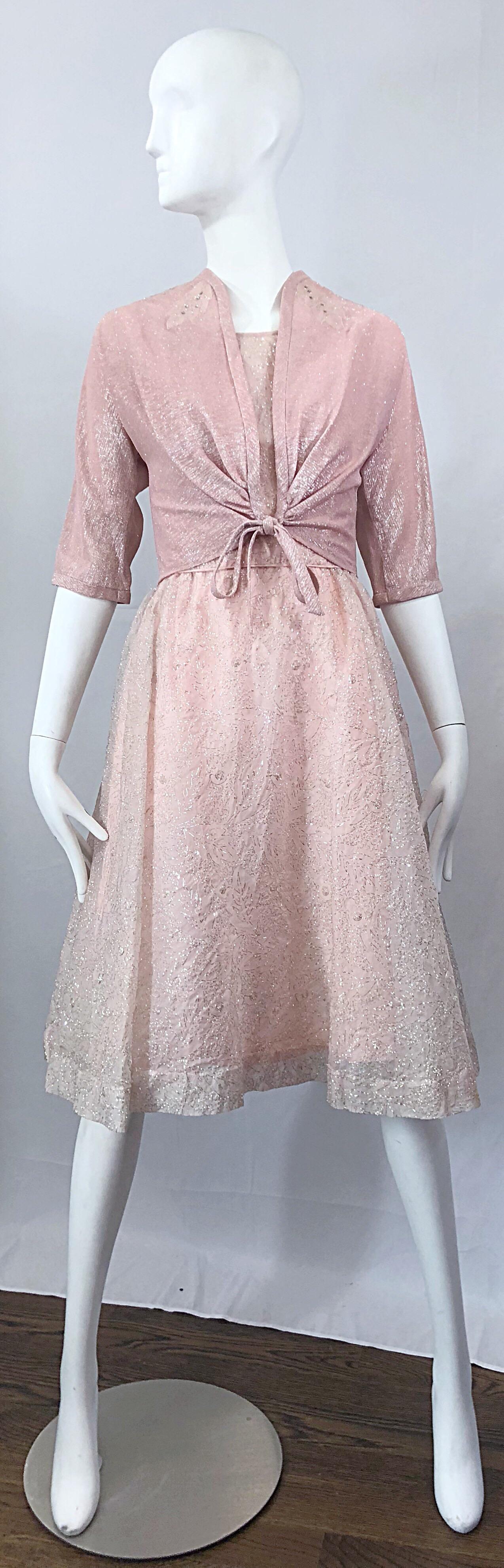 Beautiful 1950s Caryle Light Pink + Silver Fit n' Flare Silk Dress and Bolero For Sale 14