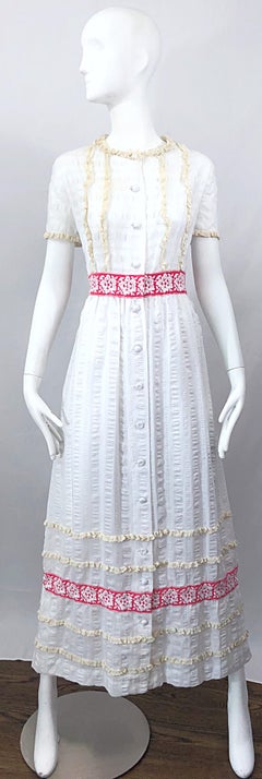 1970s Lori Till White + Pink Lightweight Cotton Lace Vintage Boho 70s Maxi Dress