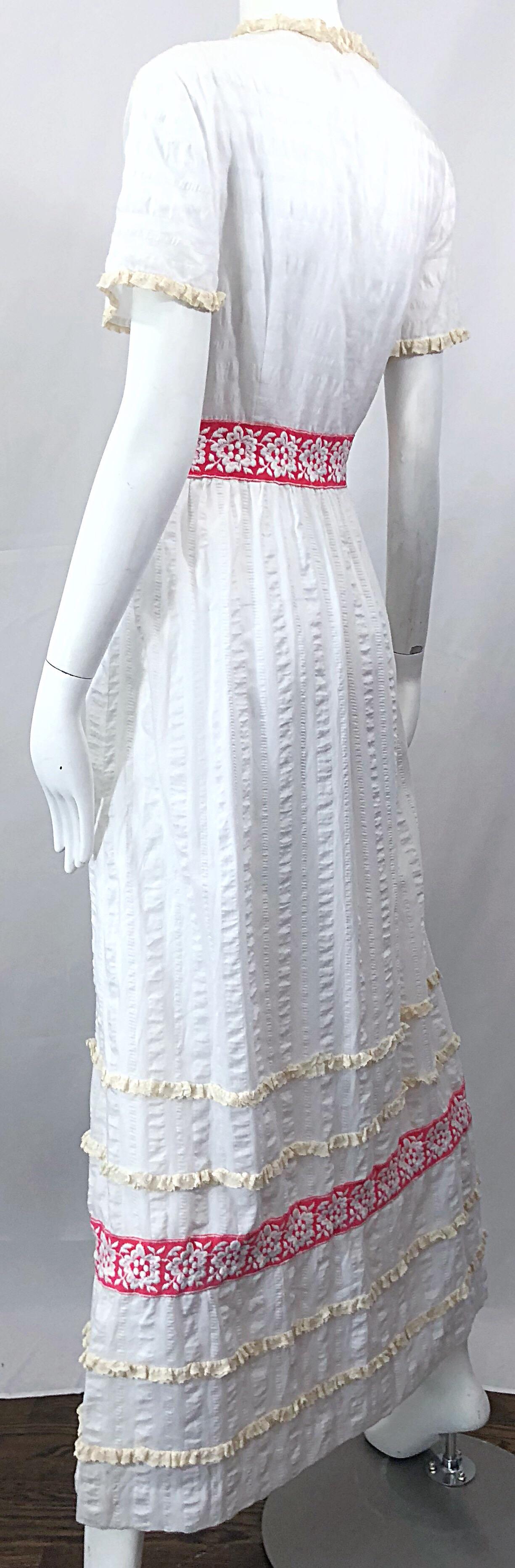 1970s Lori Till White + Pink Lightweight Cotton Lace Vintage Boho 70s Maxi Dress In Excellent Condition For Sale In San Diego, CA
