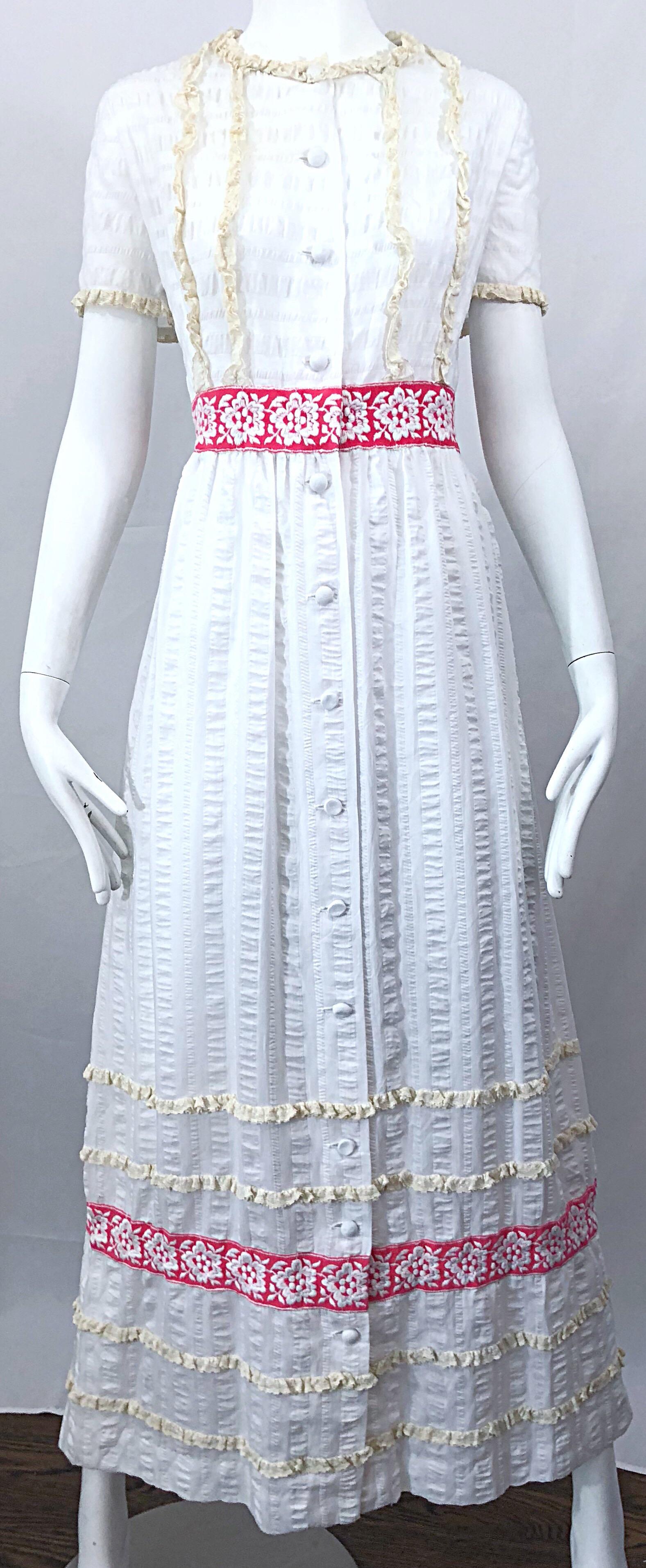 Women's 1970s Lori Till White + Pink Lightweight Cotton Lace Vintage Boho 70s Maxi Dress For Sale