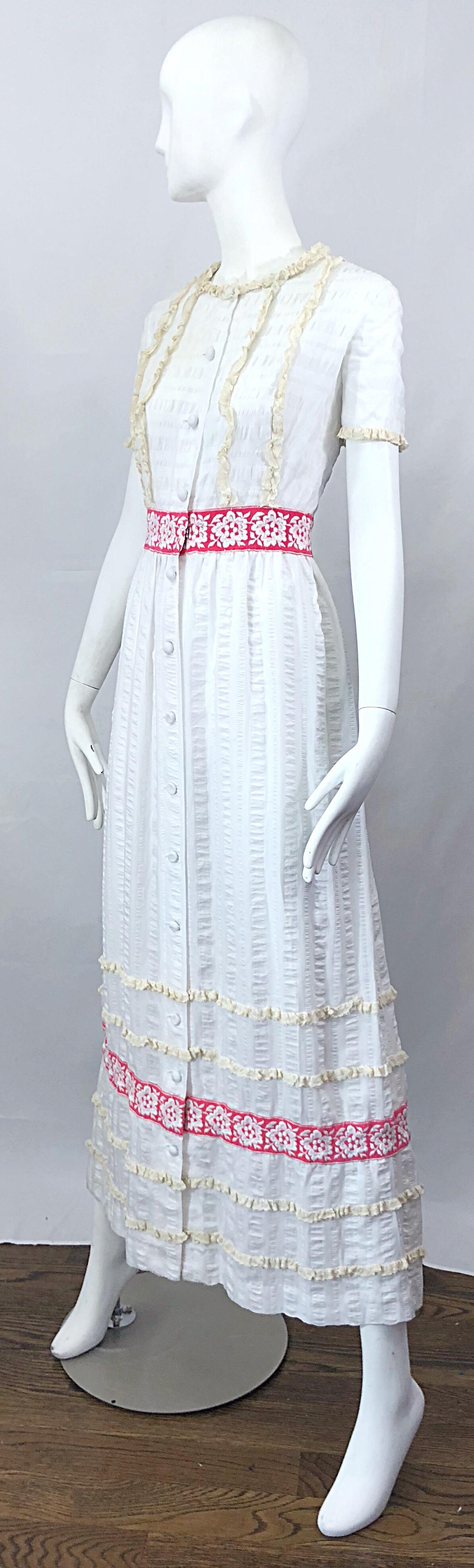 1970s Lori Till White + Pink Lightweight Cotton Lace Vintage Boho 70s Maxi Dress For Sale 1