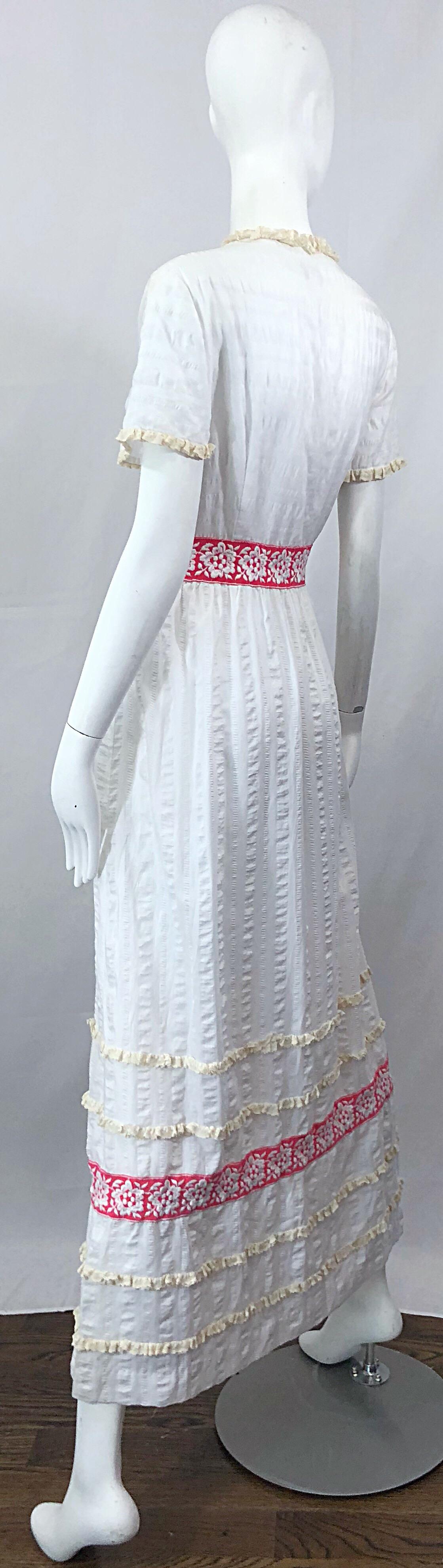 1970s Lori Till White + Pink Lightweight Cotton Lace Vintage Boho 70s Maxi Dress For Sale 2