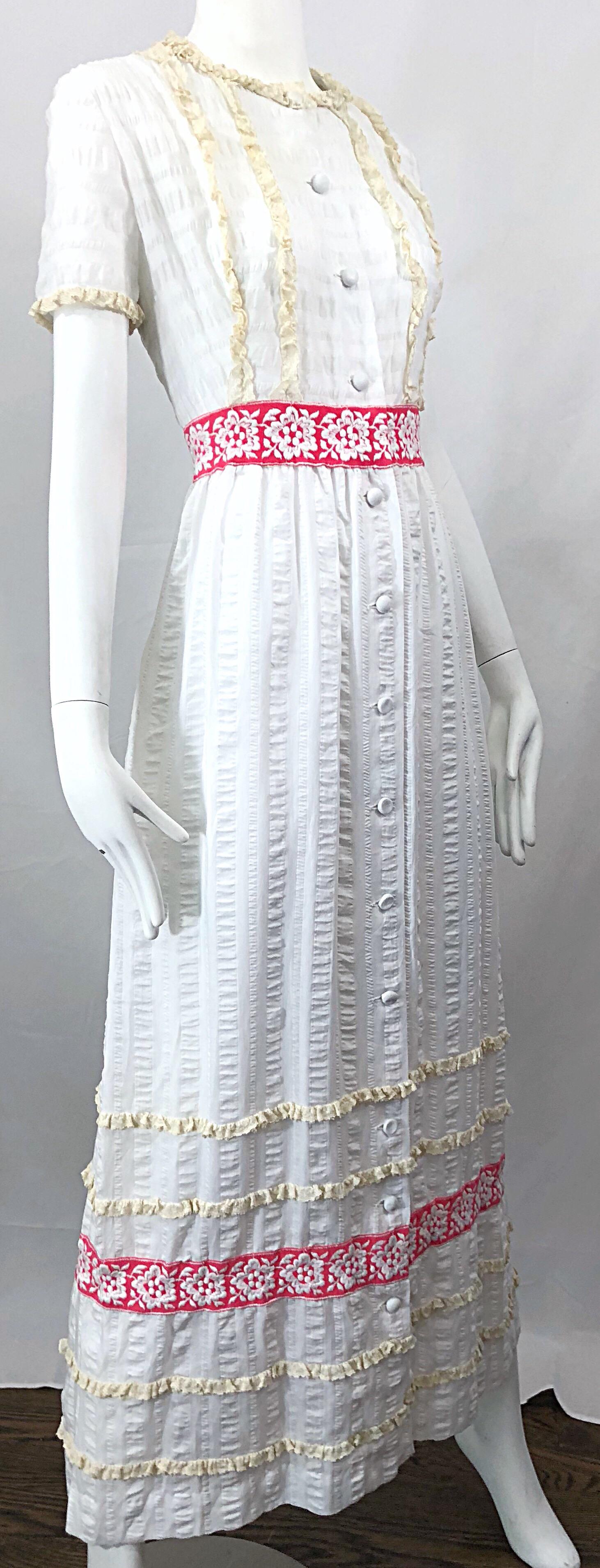 1970s Lori Till White + Pink Lightweight Cotton Lace Vintage Boho 70s Maxi Dress For Sale 3