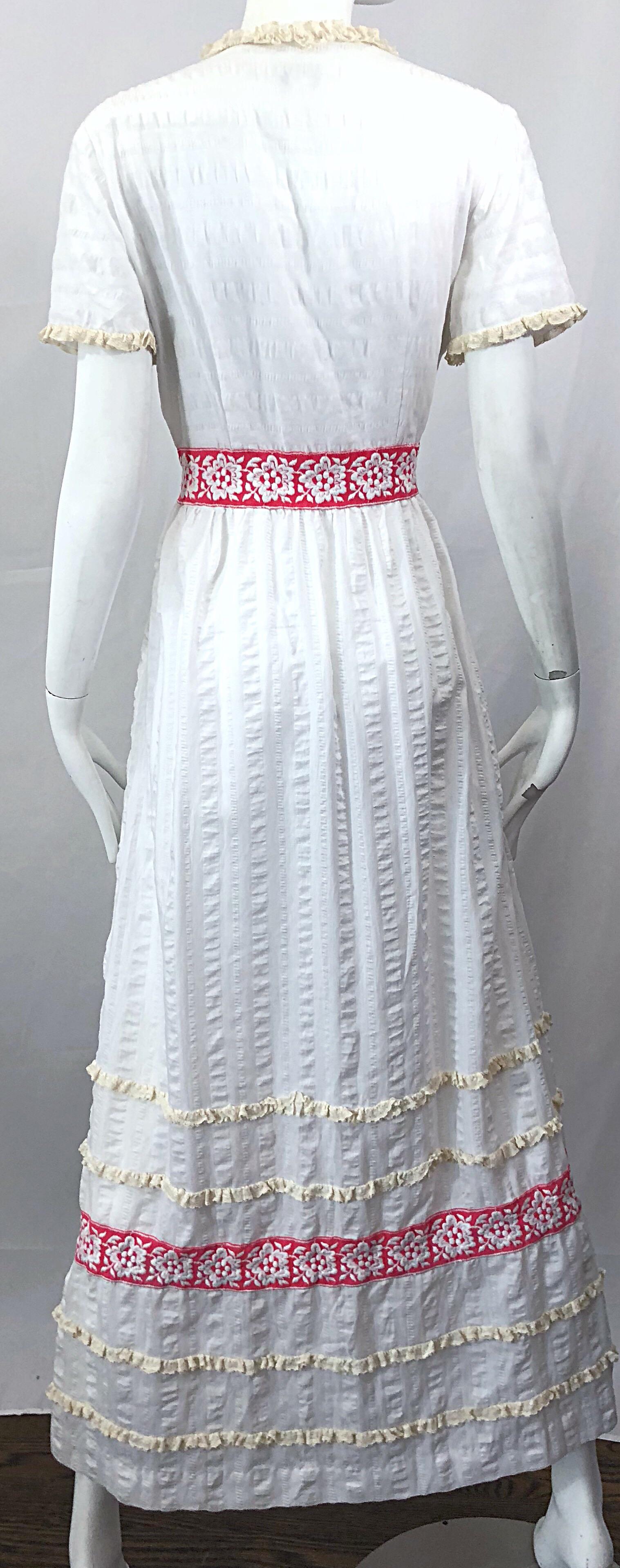 1970s Lori Till White + Pink Lightweight Cotton Lace Vintage Boho 70s Maxi Dress For Sale 4