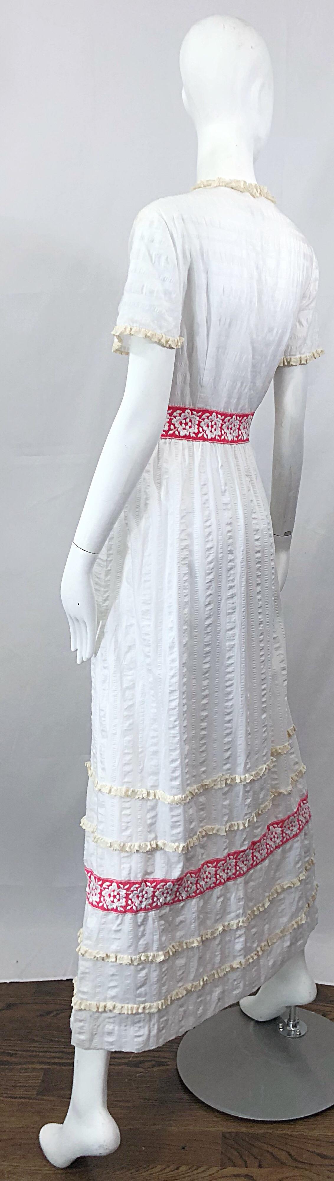 1970s Lori Till White + Pink Lightweight Cotton Lace Vintage Boho 70s Maxi Dress For Sale 5