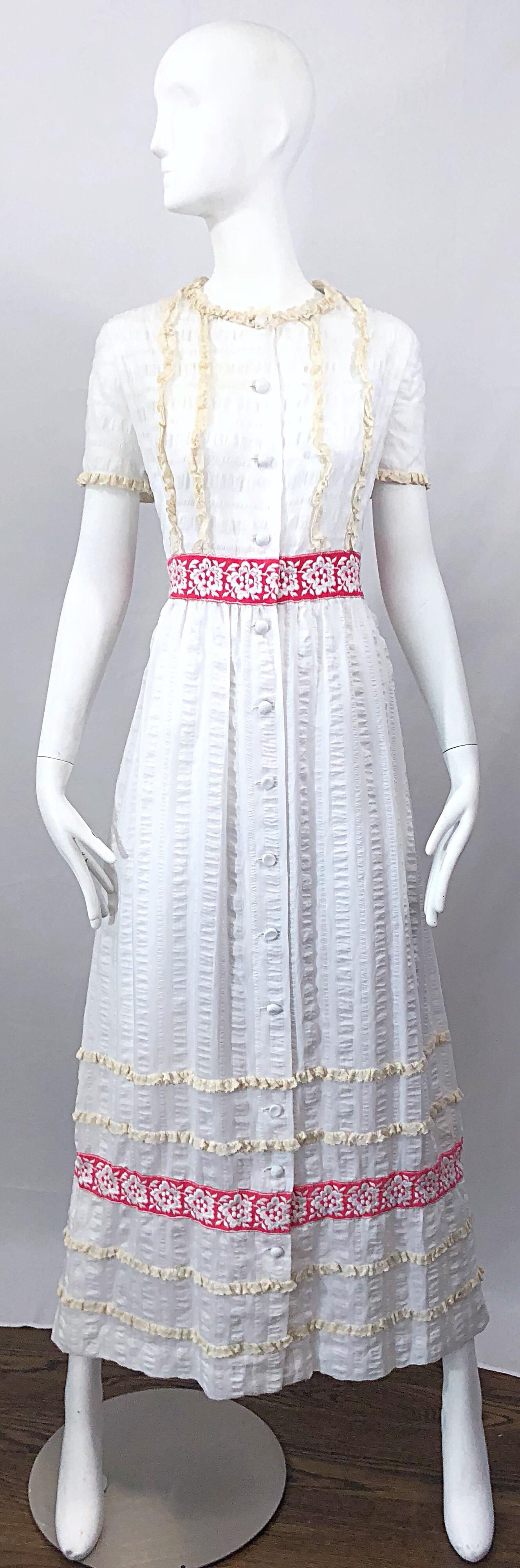 1970s Lori Till White + Pink Lightweight Cotton Lace Vintage Boho 70s Maxi Dress For Sale 6