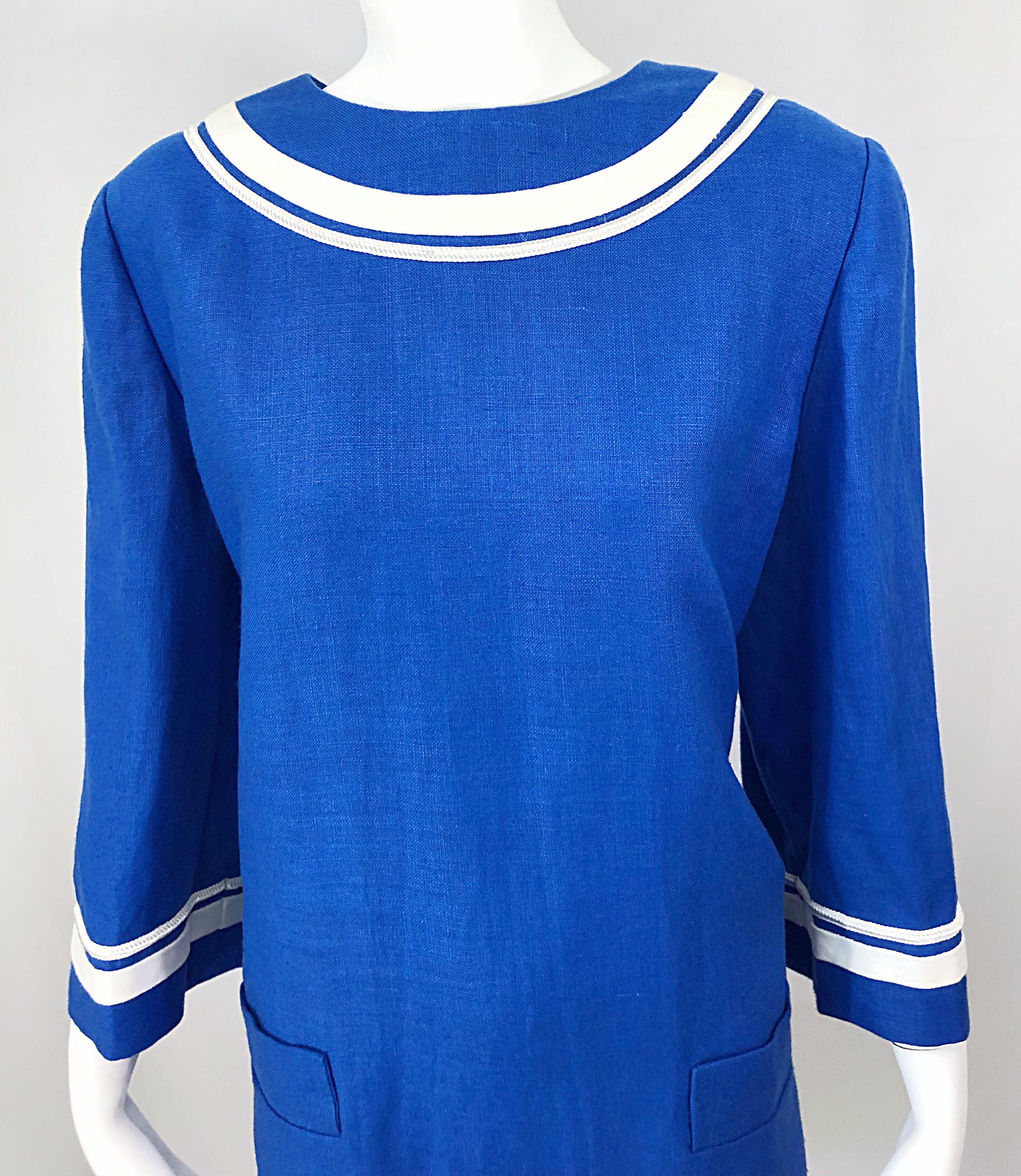 Bill Blass Nautisches Leinenkleid in Blau + Weiß, Vintage, Größe 16  im Zustand „Hervorragend“ im Angebot in San Diego, CA