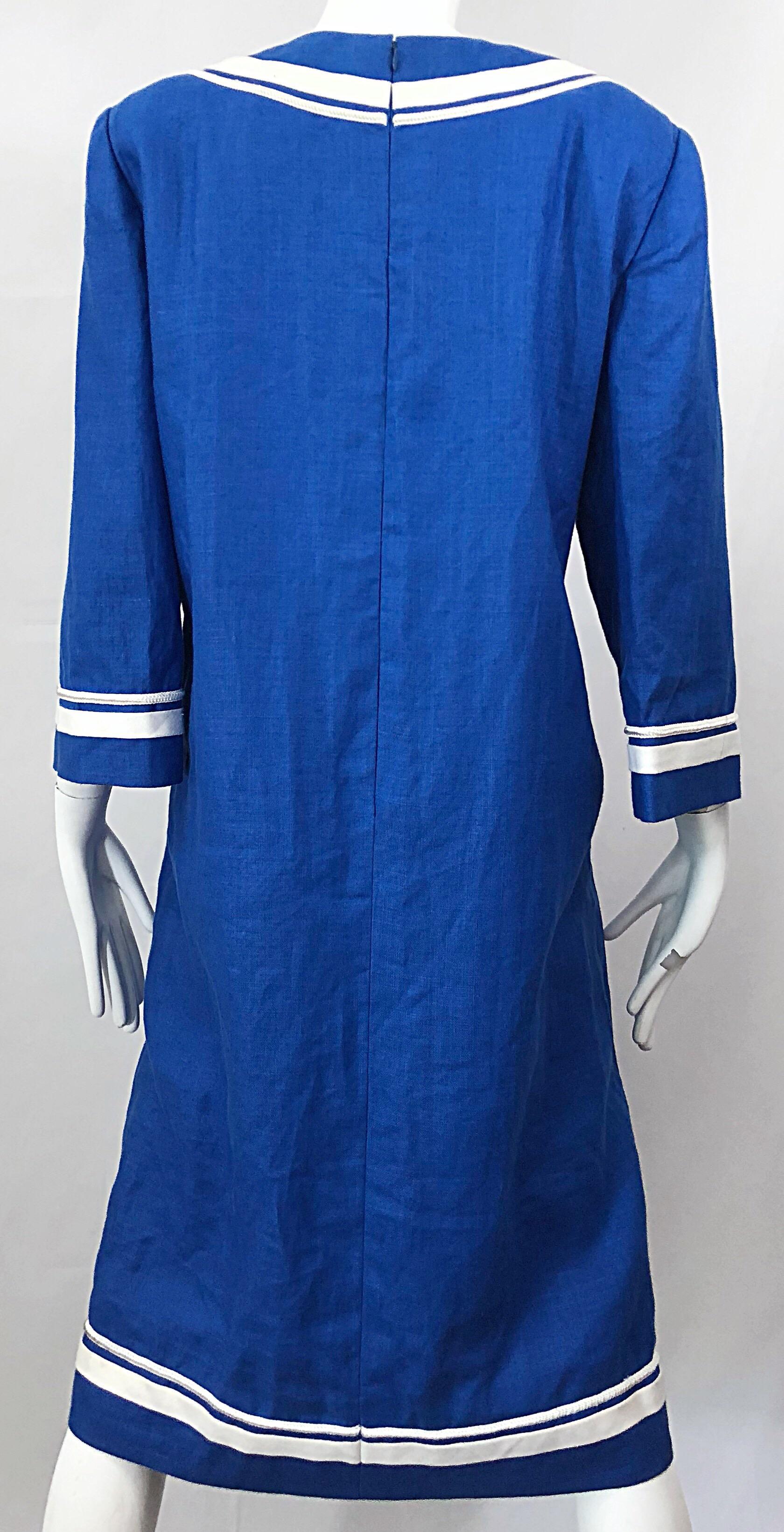 Bill Blass Nautisches Leinenkleid in Blau + Weiß, Vintage, Größe 16  Damen im Angebot