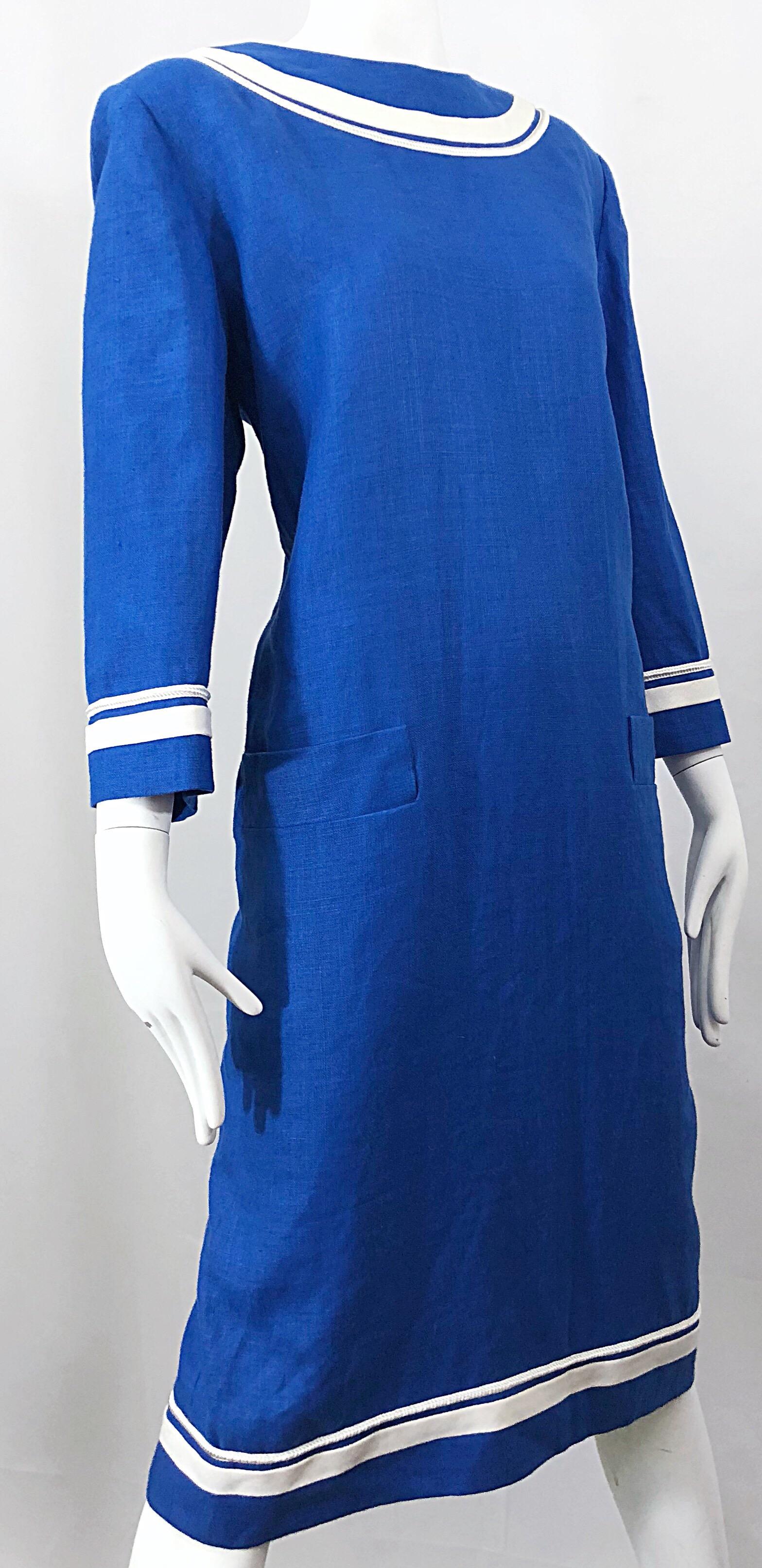 Bill Blass Nautisches Leinenkleid in Blau + Weiß, Vintage, Größe 16  im Angebot 1