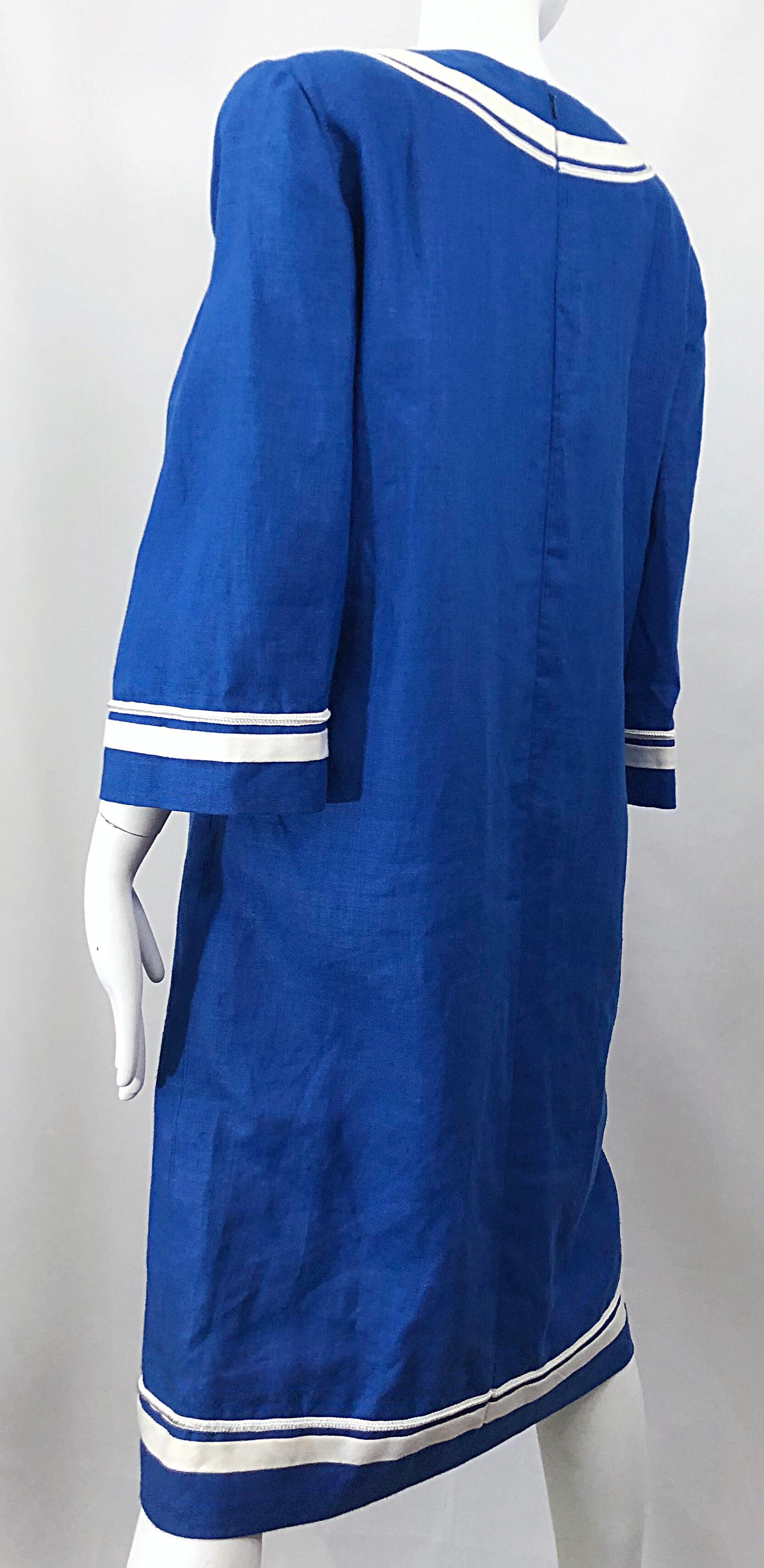 Vintage Bill Blass Size 16 Blue + White Nautical Plus Size Linen Dress  In Excellent Condition For Sale In San Diego, CA