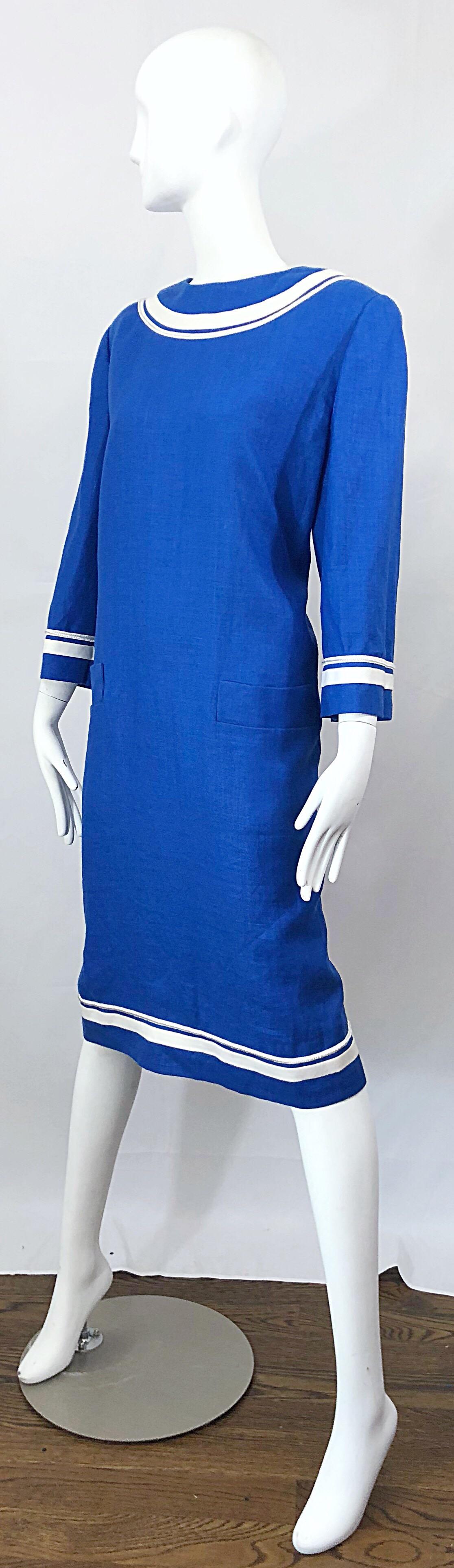 Women's Vintage Bill Blass Size 16 Blue + White Nautical Plus Size Linen Dress For Sale