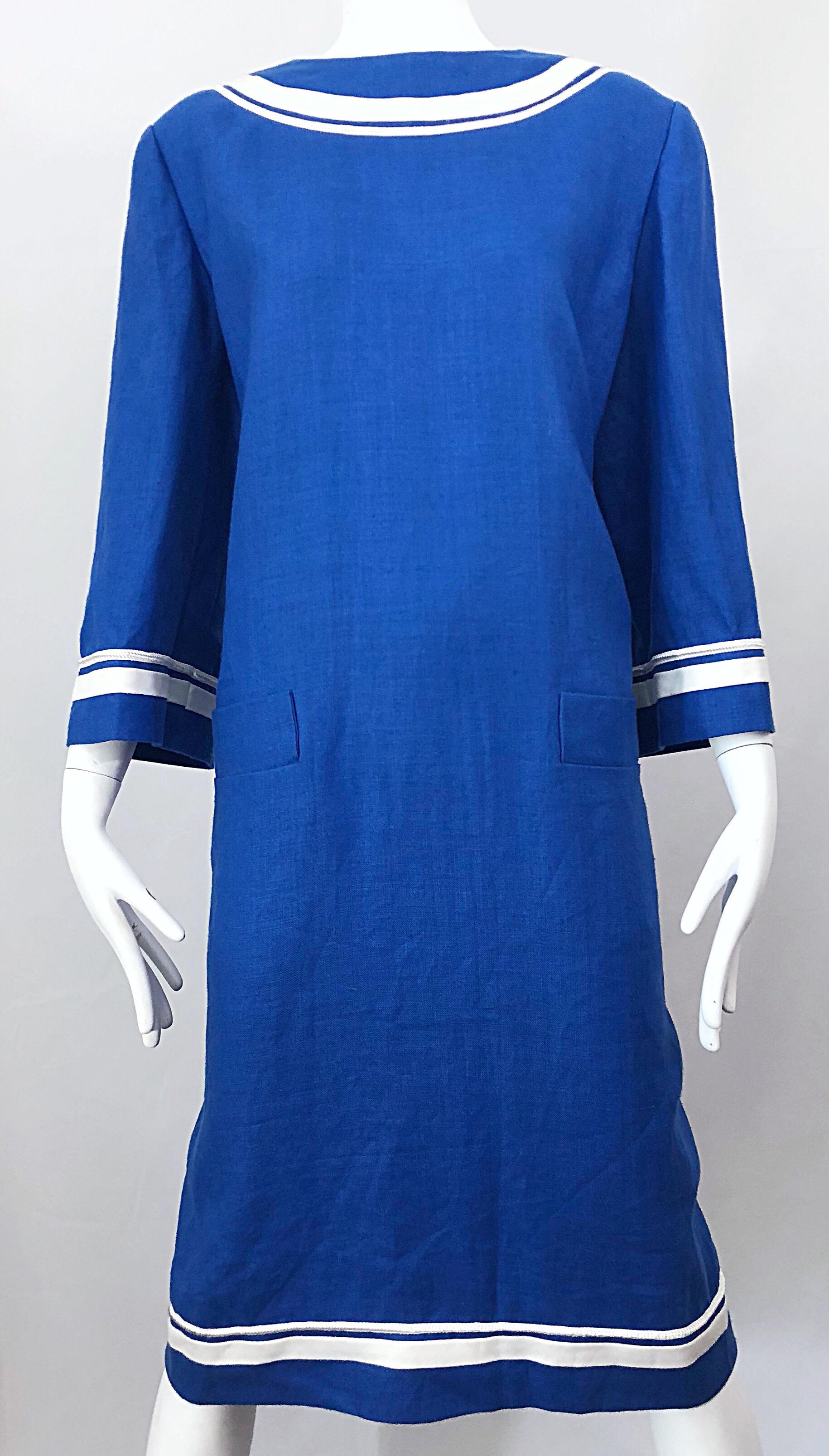 Vintage Bill Blass Size 16 Blue + White Nautical Plus Size Linen Dress  For Sale 1