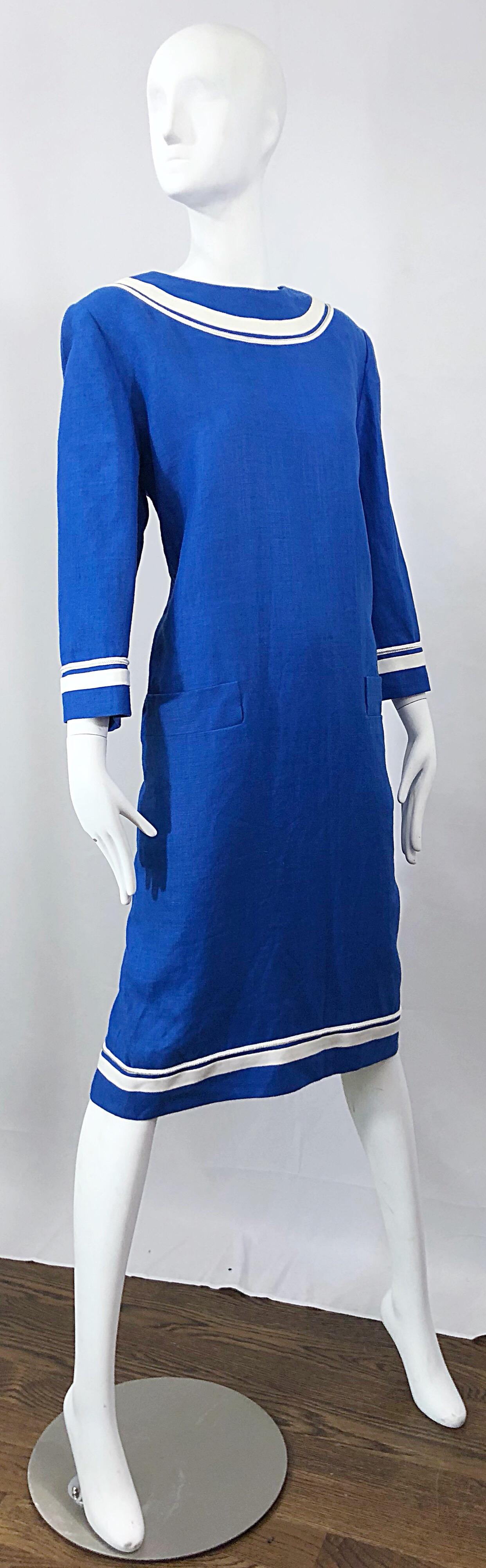 Vintage Bill Blass Size 16 Blue + White Nautical Plus Size Linen Dress For Sale 2