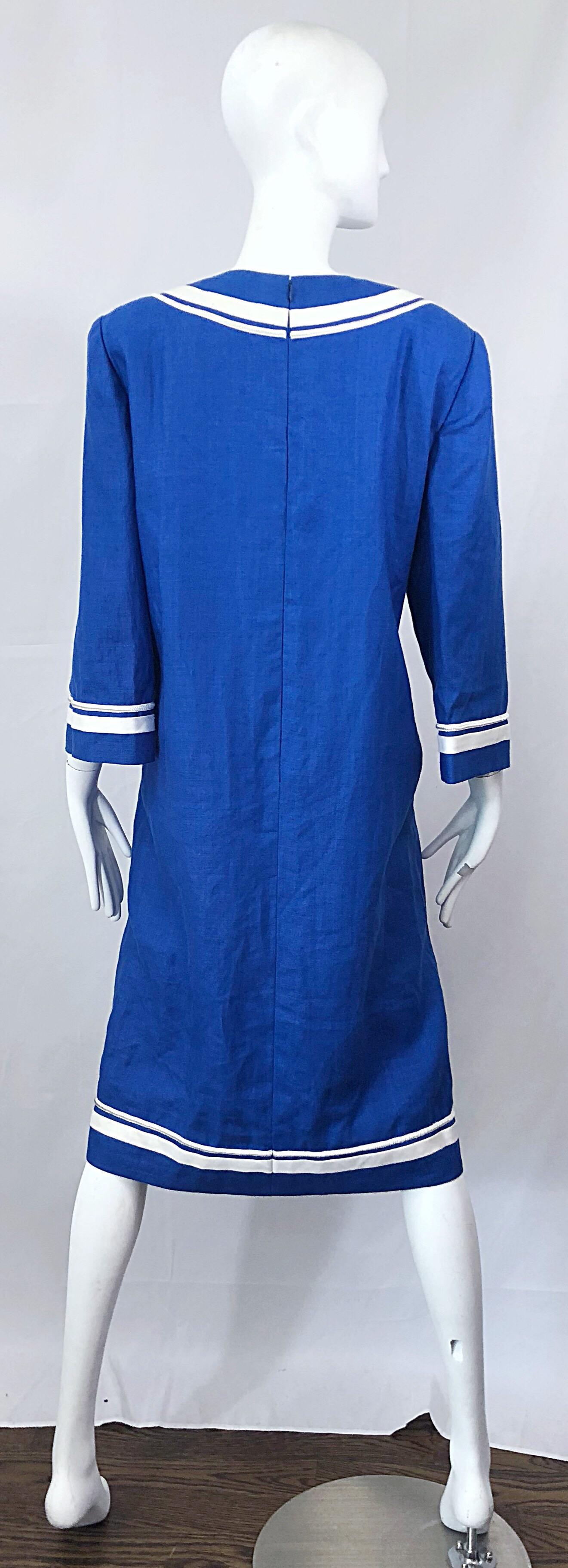Vintage Bill Blass Size 16 Blue + White Nautical Plus Size Linen Dress For Sale 3