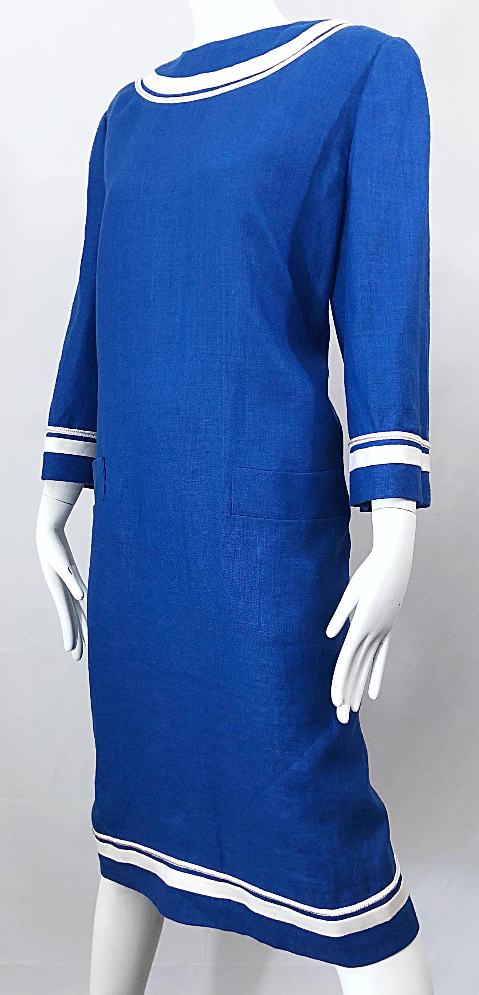 Vintage Bill Blass Size 16 Blue + White Nautical Plus Size Linen Dress  For Sale 4
