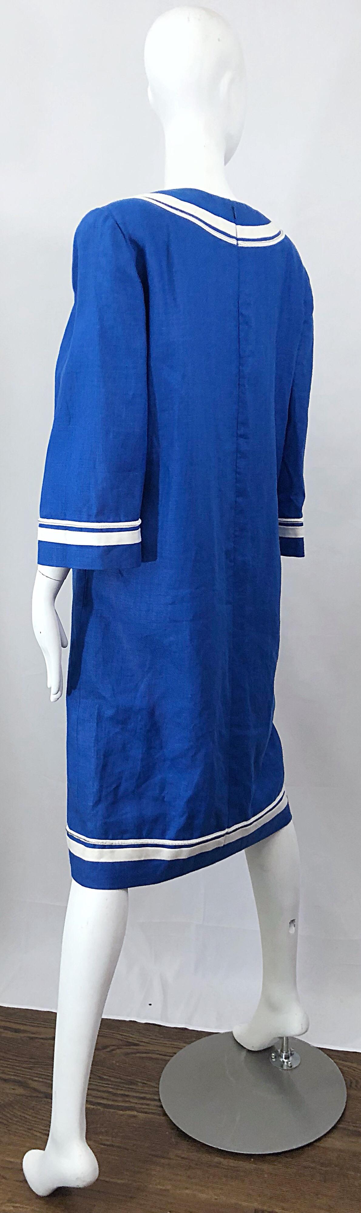 Vintage Bill Blass Size 16 Blue + White Nautical Plus Size Linen Dress For Sale 5