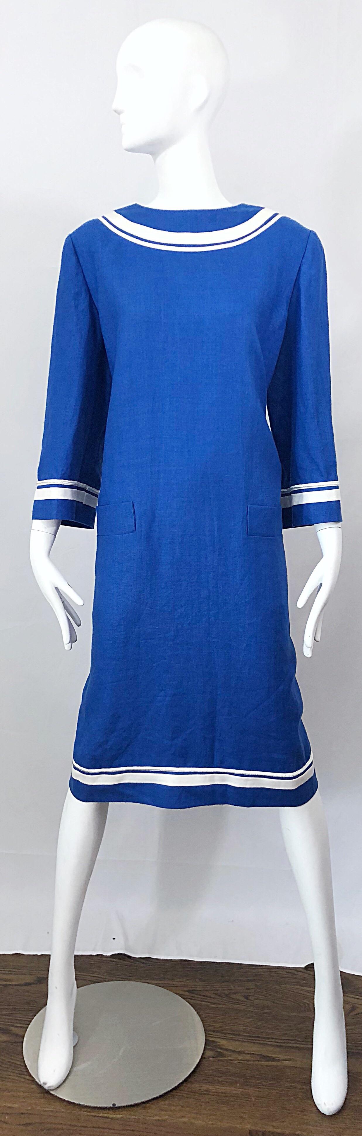Vintage Bill Blass Size 16 Blue + White Nautical Plus Size Linen Dress  For Sale 6